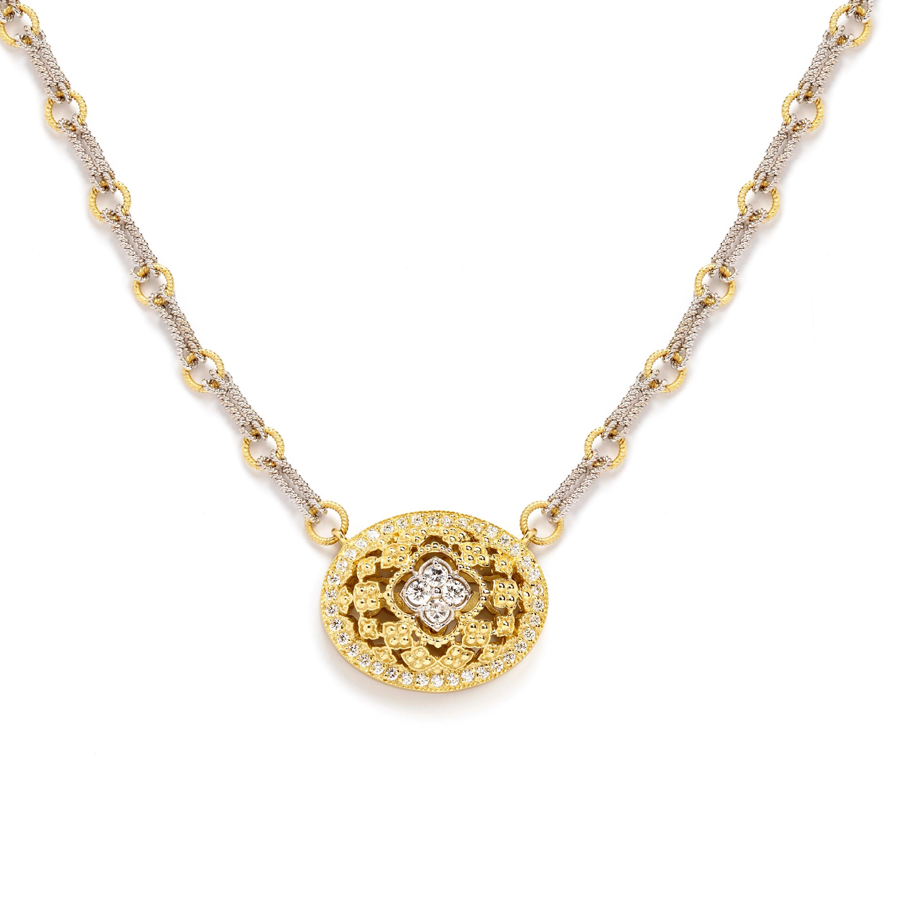Women's Stambolian Two-Tone White Yellow Gold and Diamond Oval Pendant Chain Necklace