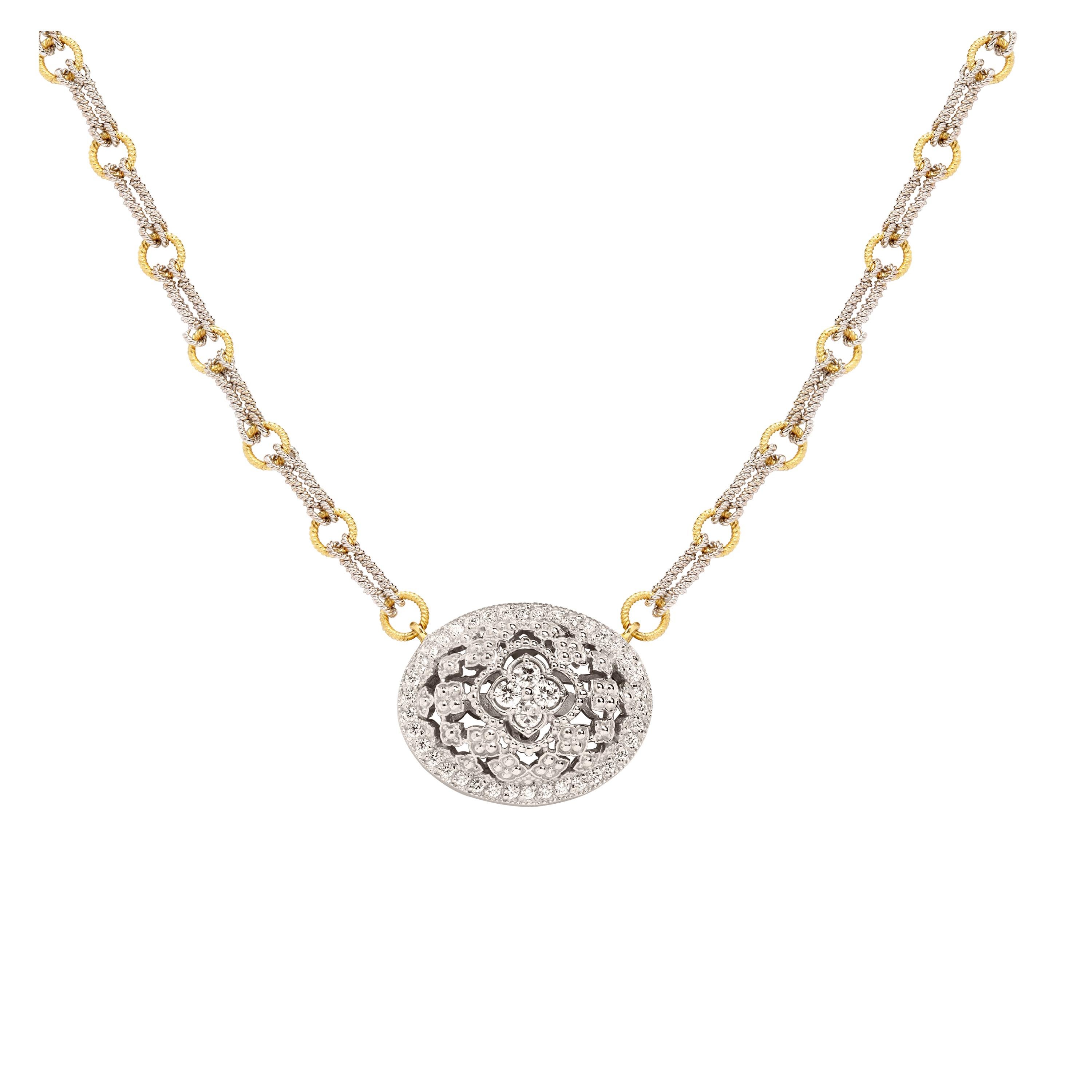 Stambolian Two-Tone White Yellow Gold and Diamond Oval Pendant Chain Necklace