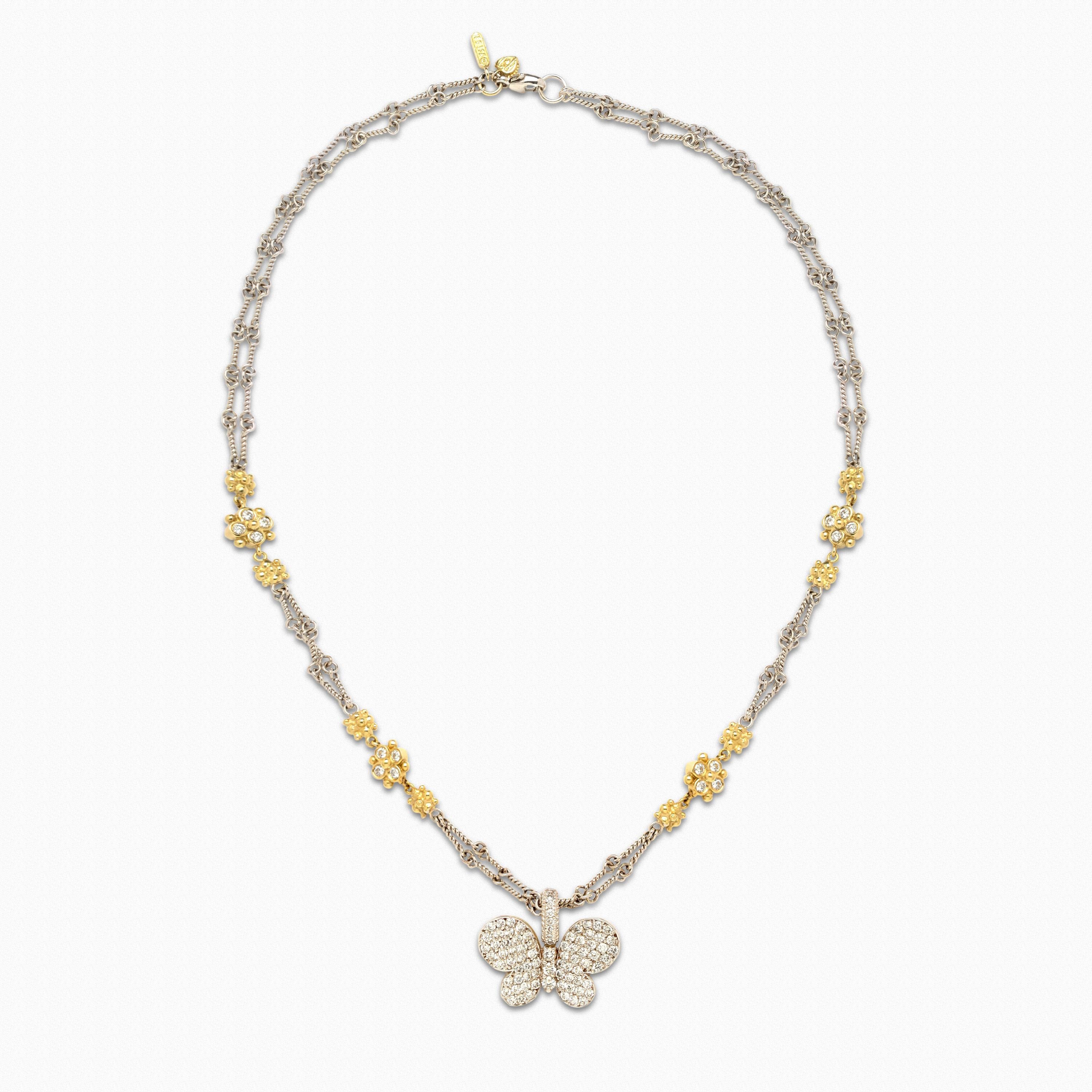 18K Yellow and White Two-Tone Gold Chain Necklace with Diamond Butterfly Enhancer Pendant

Butterfly can detach and chain can be worn on its own. Double-link chain is done in two-tone gold and the diamond bezels are double sided. Diamonds are set on