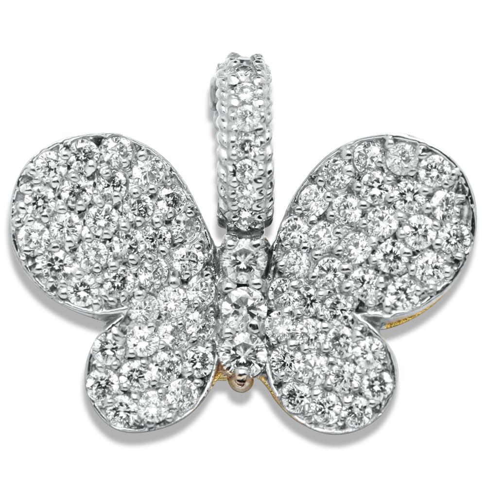 Round Cut Stambolian Two-Tone Yellow White Gold and Diamond Butterfly Pendant with Chain