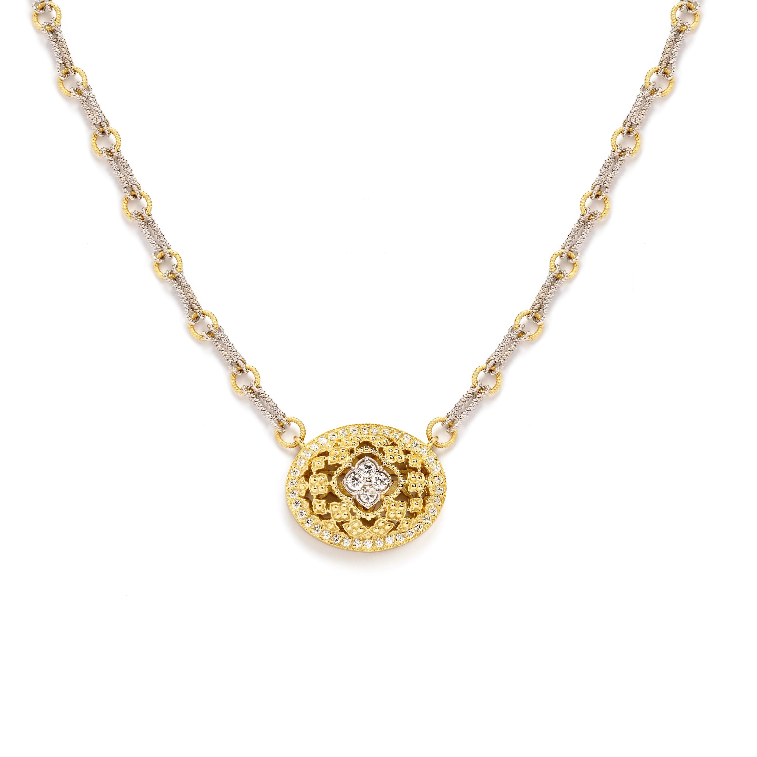 Stambolian 18K Yellow and White Two-Tone Gold and Diamond Oval Pendant Necklace

Incredible workmanship and design on this stunning new piece by Stambolian. Chain is made entirely by hand.

0.66 carat G color, VS clarity white diamonds

Pendant is