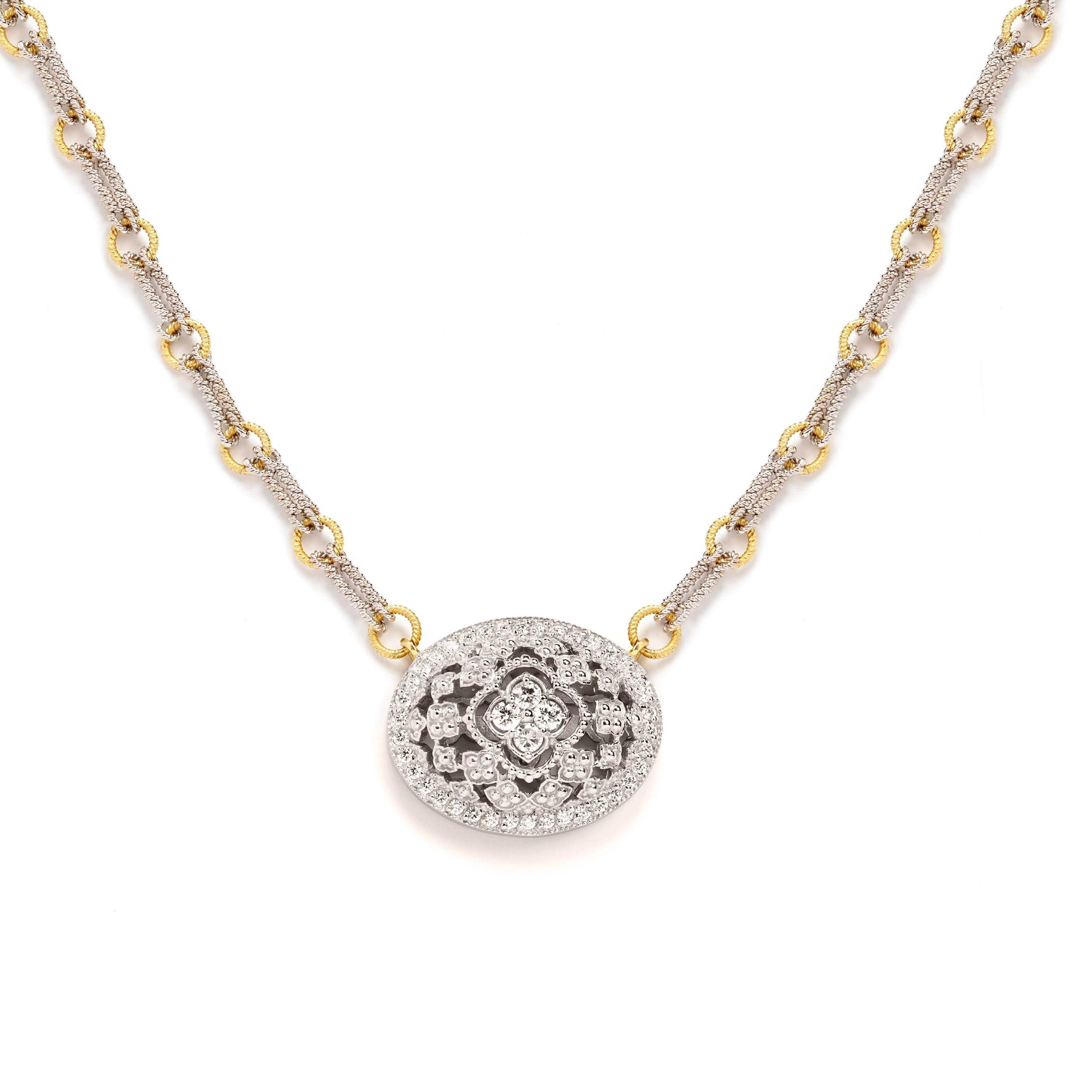 Round Cut Stambolian Two-Tone Yellow White Gold and Diamond Oval Pendant Chain Necklace For Sale