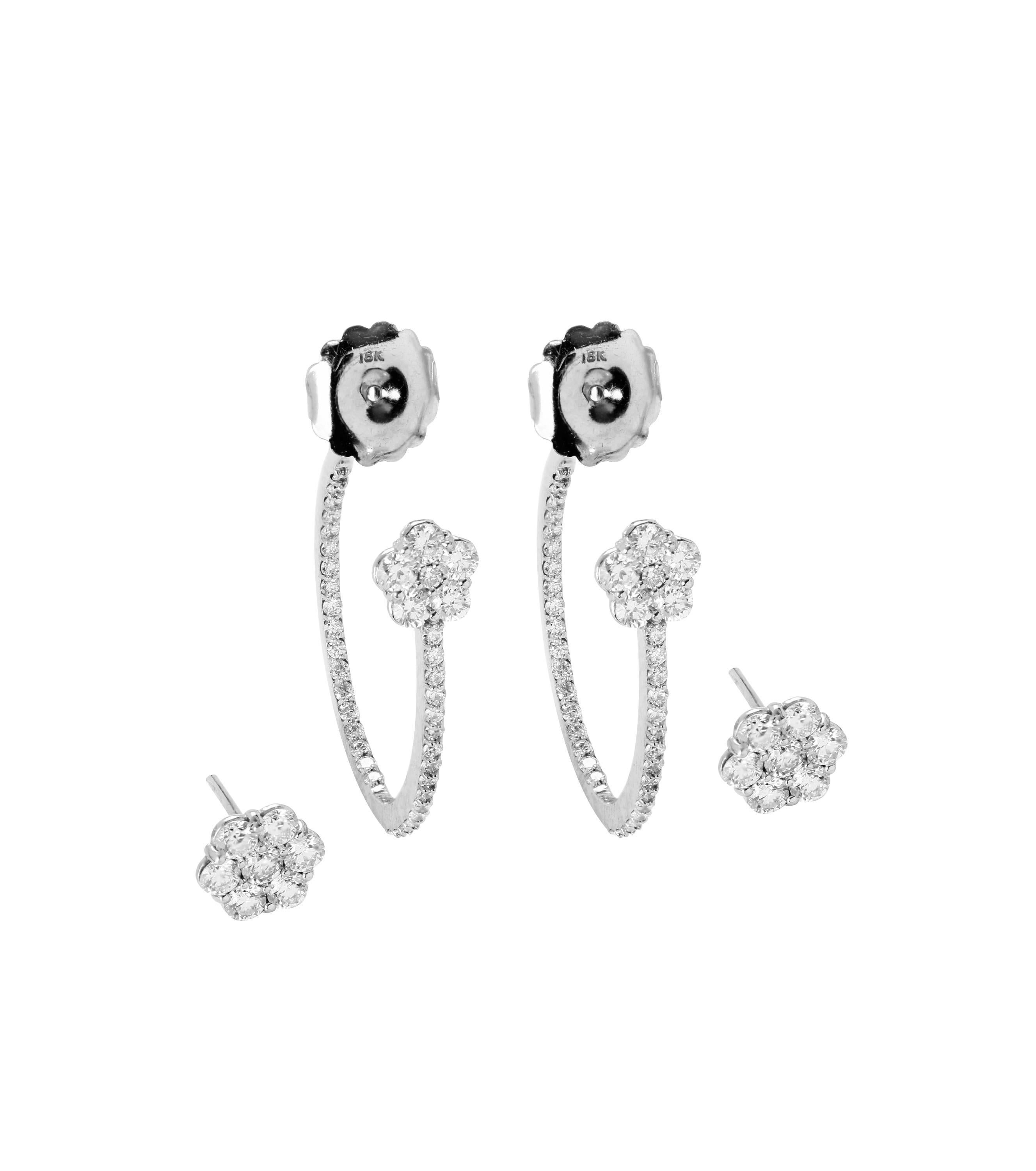 18K White Gold Two Piece Earrings with White Diamond Clusters

Earrings are two piece earrings meaning the diamond clusters in center are worn from front while rest of earrings are worn from back.

3.47ct. G Color, VS Clarity White Diamonds are set