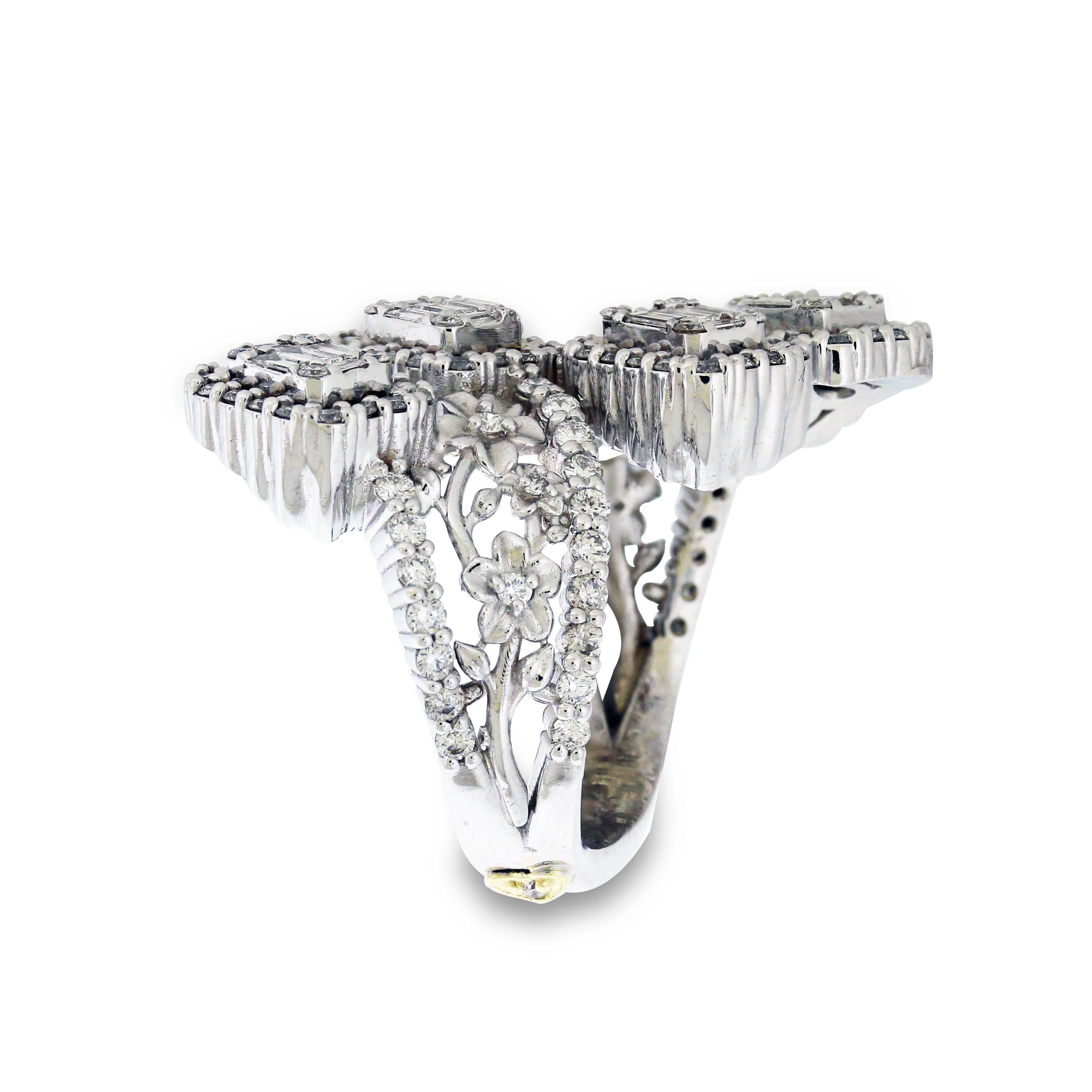 Baguette Cut Stambolian White Gold and Baguette Diamond Floral Cocktail Ring