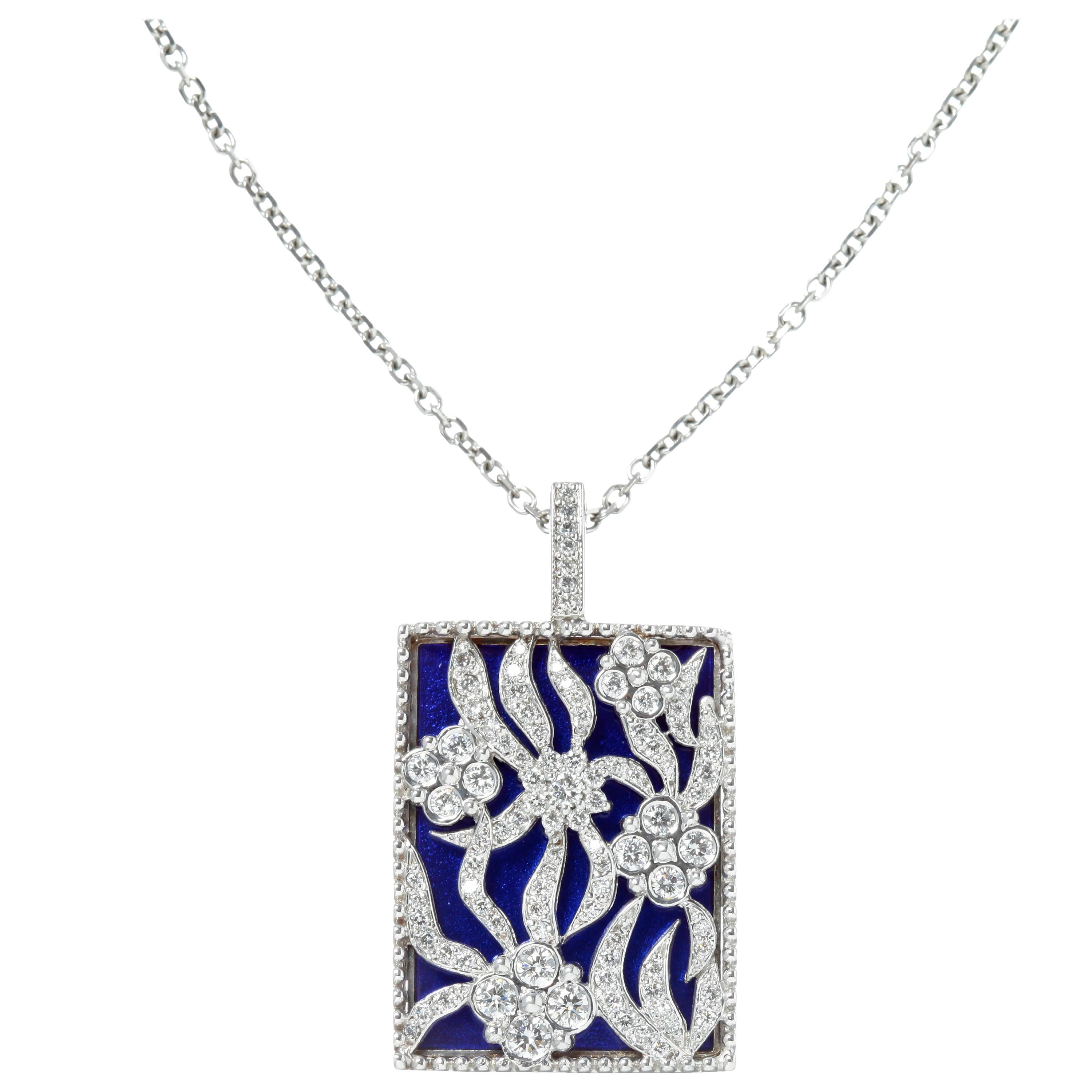 Stambolian White Gold and Diamond Blue Enamel Floral Enhancer Pendant Necklace