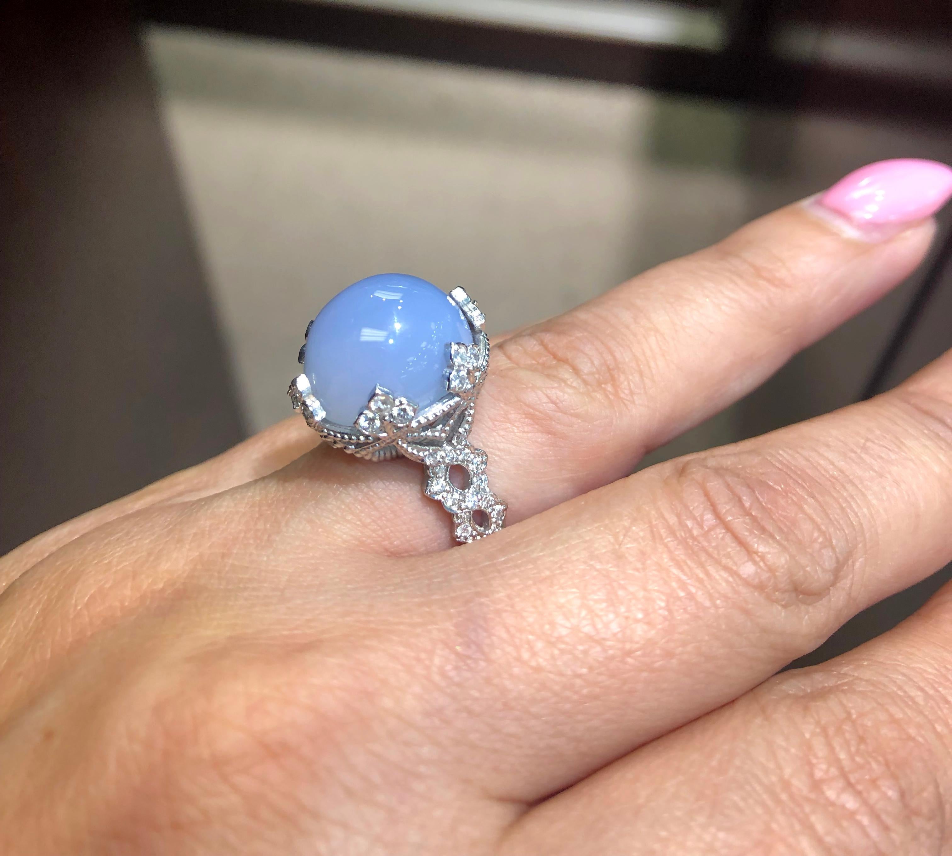 Women's Stambolian White Gold and Diamond Cocktail Ring with Blue Chalcedony Center