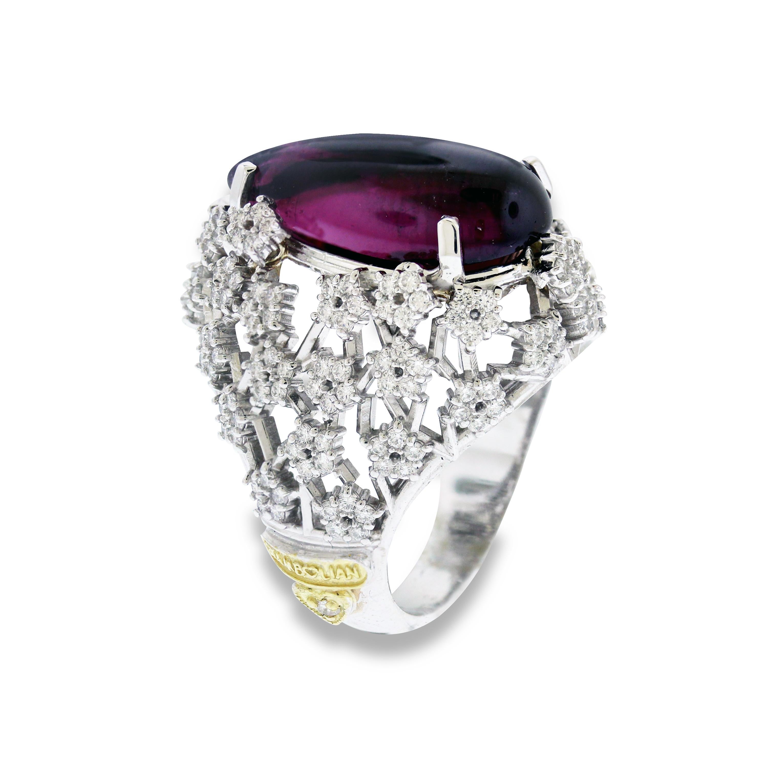 IF YOU ARE REALLY INTERESTED, CONTACT US WITH ANY REASONABLE OFFER. WE WILL TRY OUR BEST TO MAKE YOU HAPPY!

18K White Gold and Diamond Cocktail Ring with Cabochon Pear shape Rubellite Tourmaline center

8.23 carat Rubellite center

1.46 carat G