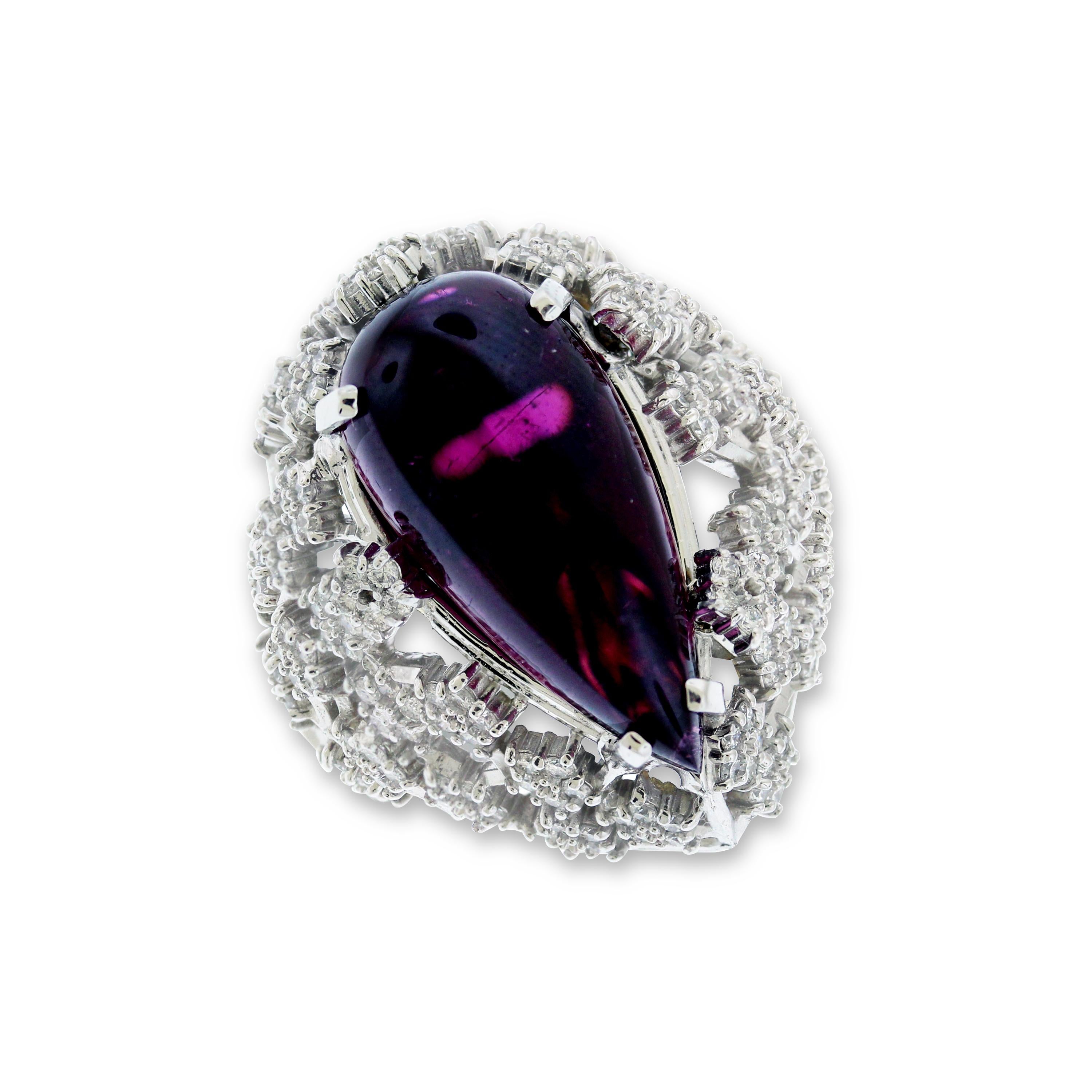 Pear Cut Stambolian White Gold and Diamond Ring with Cabochon Rubellite Tourmaline