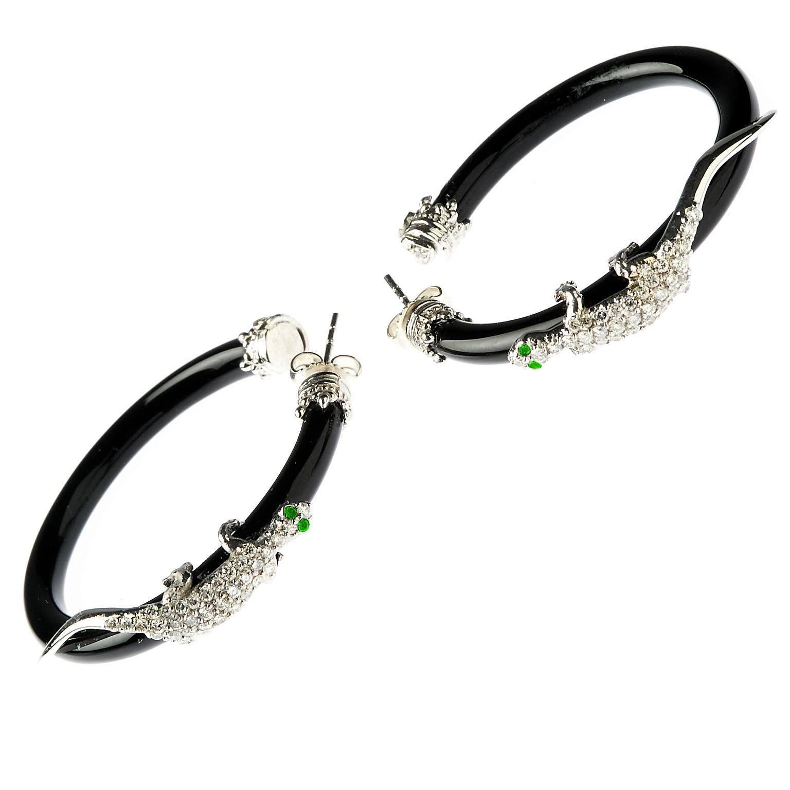 Women's Stambolian White Gold Lizard Hoop Earrings with Onyx and Diamonds