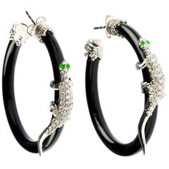 Stambolian White Gold Lizard Hoop Earrings with Onyx and Diamonds