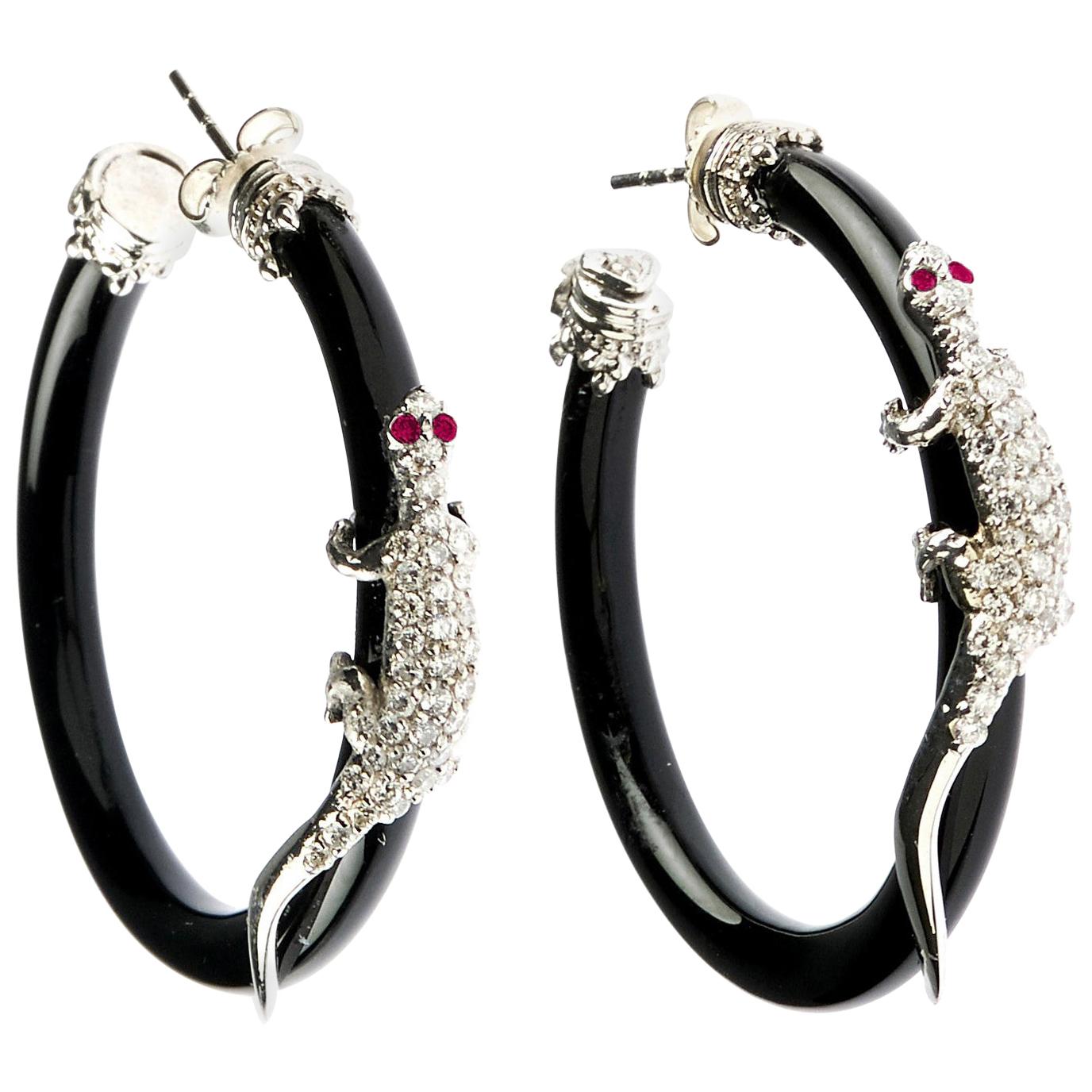 Stambolian White Gold Lizard Hoop Earrings with Onyx and Diamonds