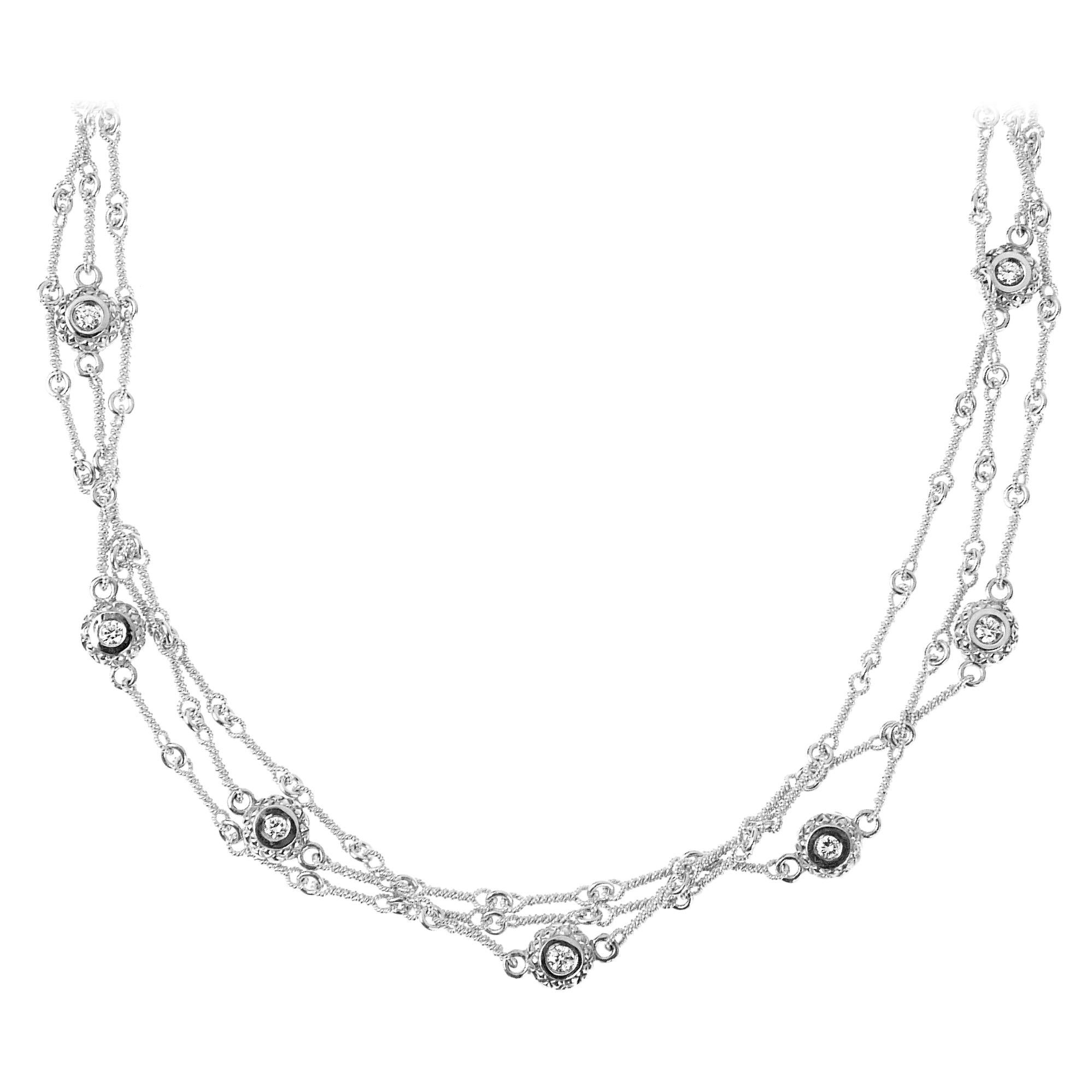 Stambolian White Gold Three-Link Handmade Chain Necklace with Diamond Bezels