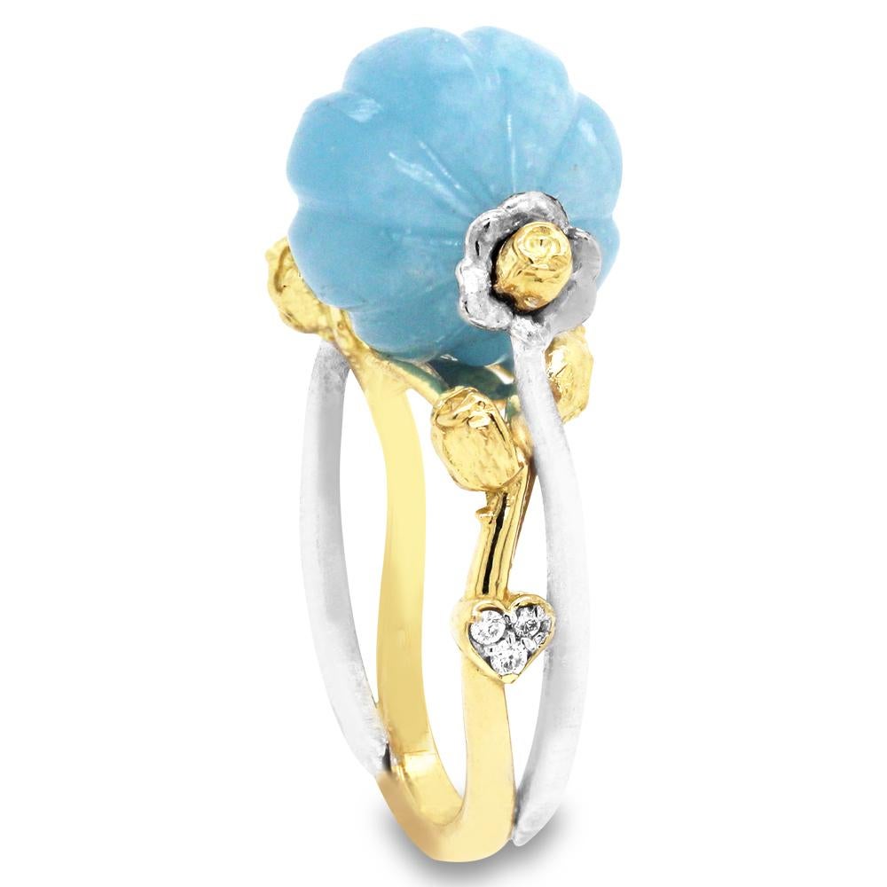 Stambolian Yellow and White Gold Ring with Aquamarine Center and Roses In New Condition In Boca Raton, FL