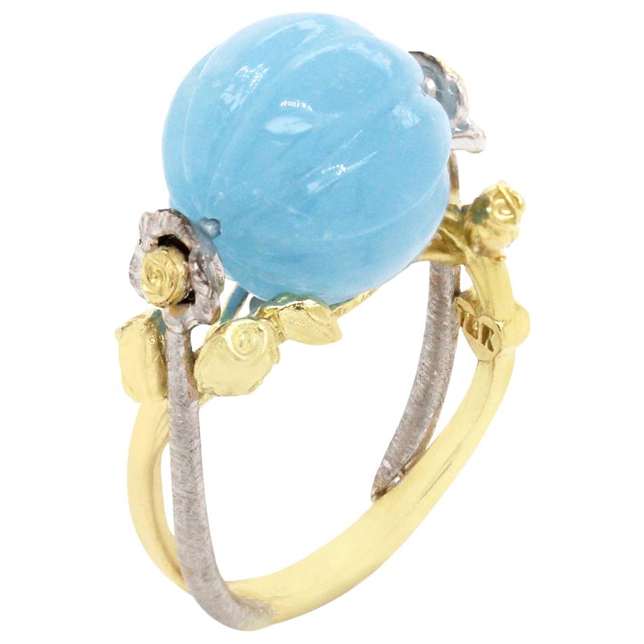 Stambolian Yellow and White Gold Ring with Aquamarine Center and Roses