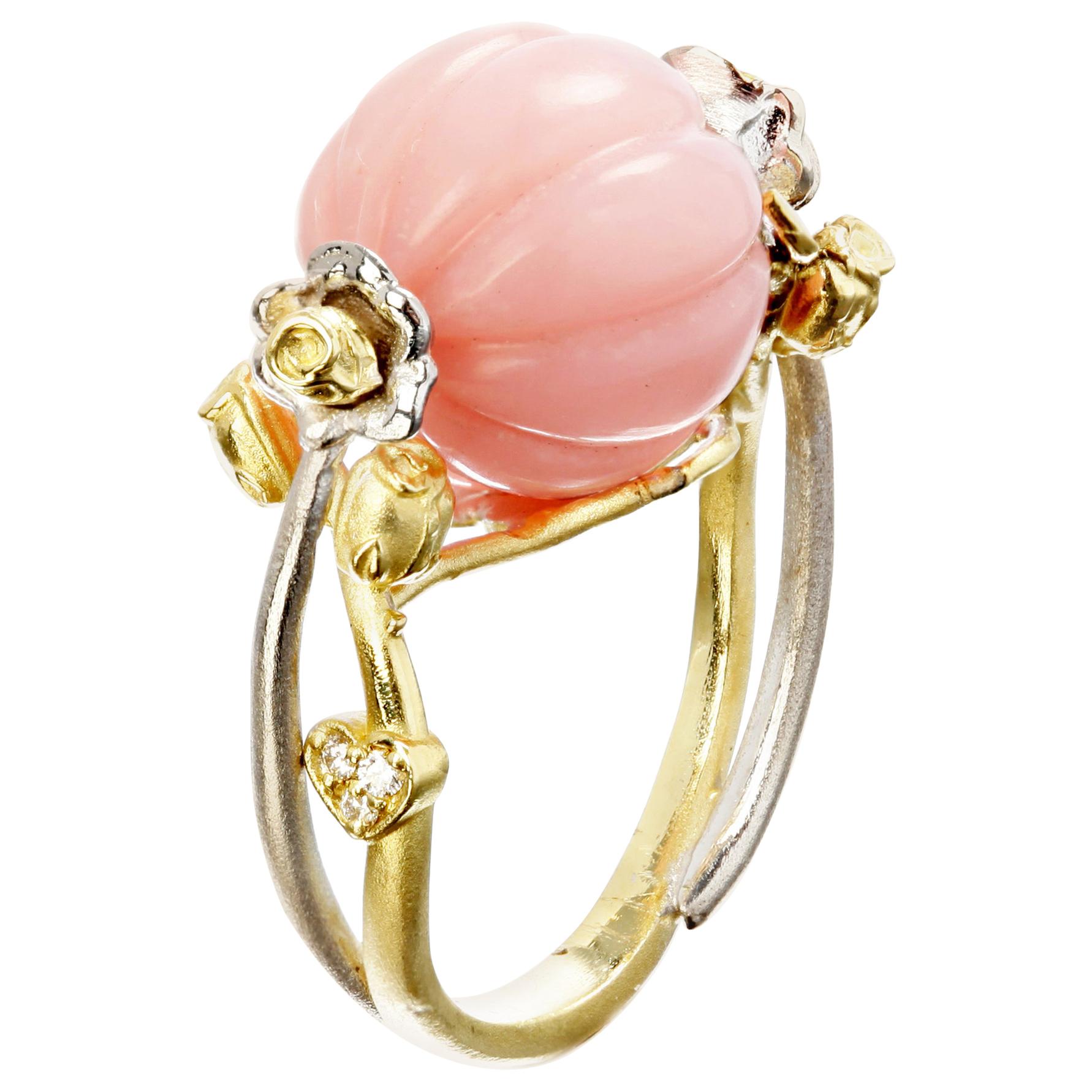 Stambolian Yellow and White Gold Ring with Peruvian Pink Opal Center and Roses