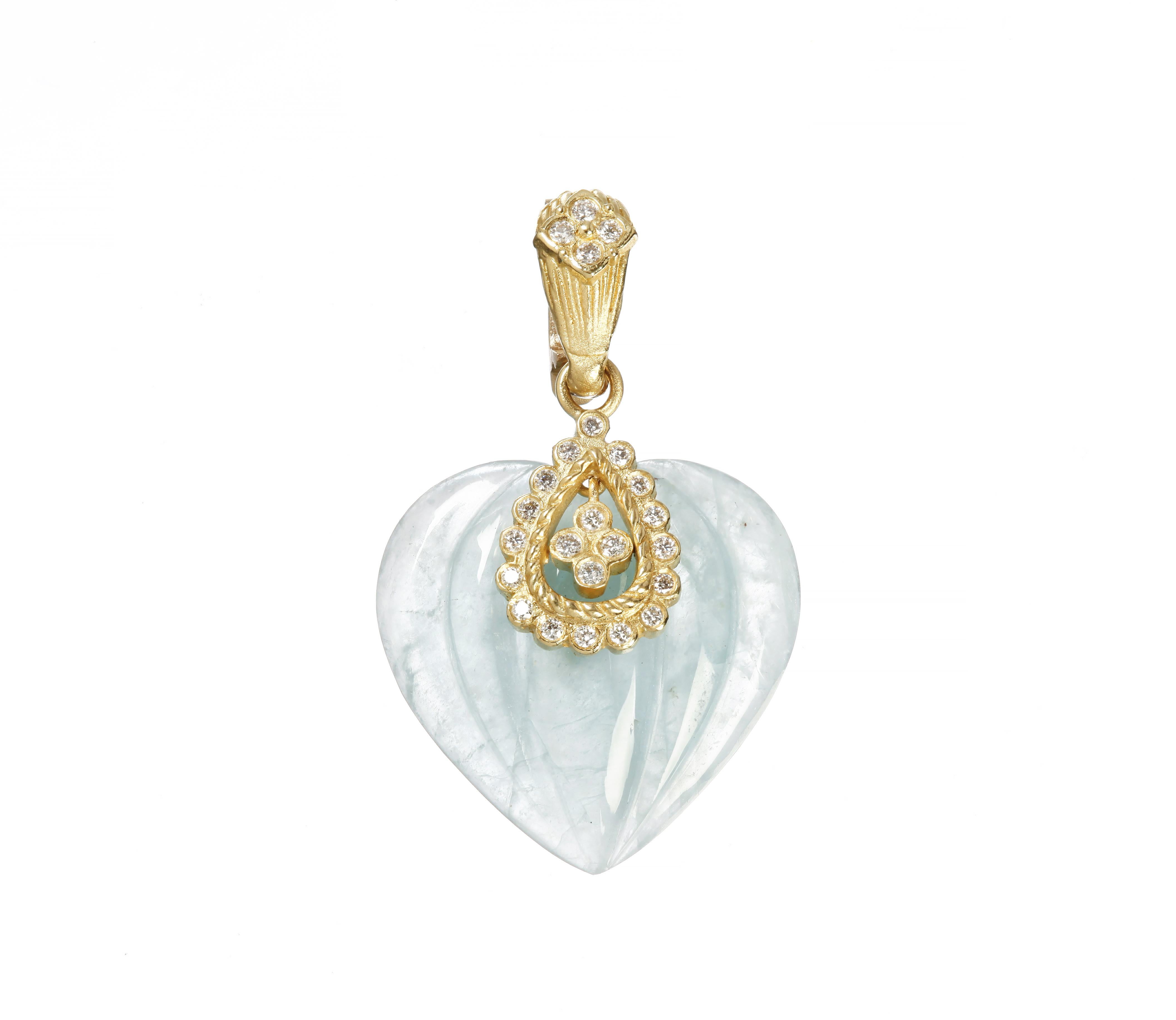 Round Cut Stambolian Yellow Gold and Diamond Aquamarine Heart Pendant with Chain Necklace