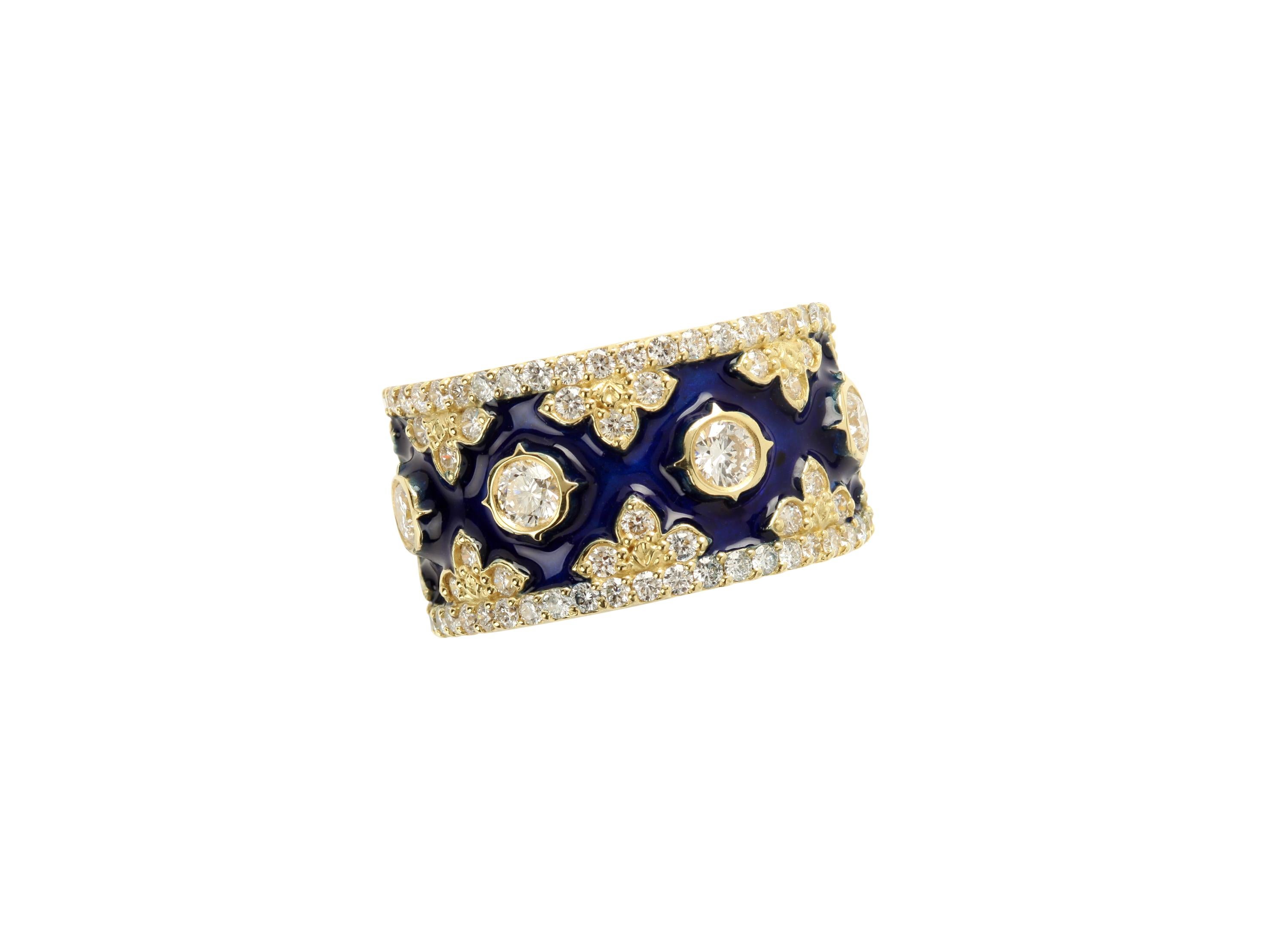 Stambolian Yellow Gold and Diamond Band Ring with Cobalt Blue Enamel In New Condition In Boca Raton, FL