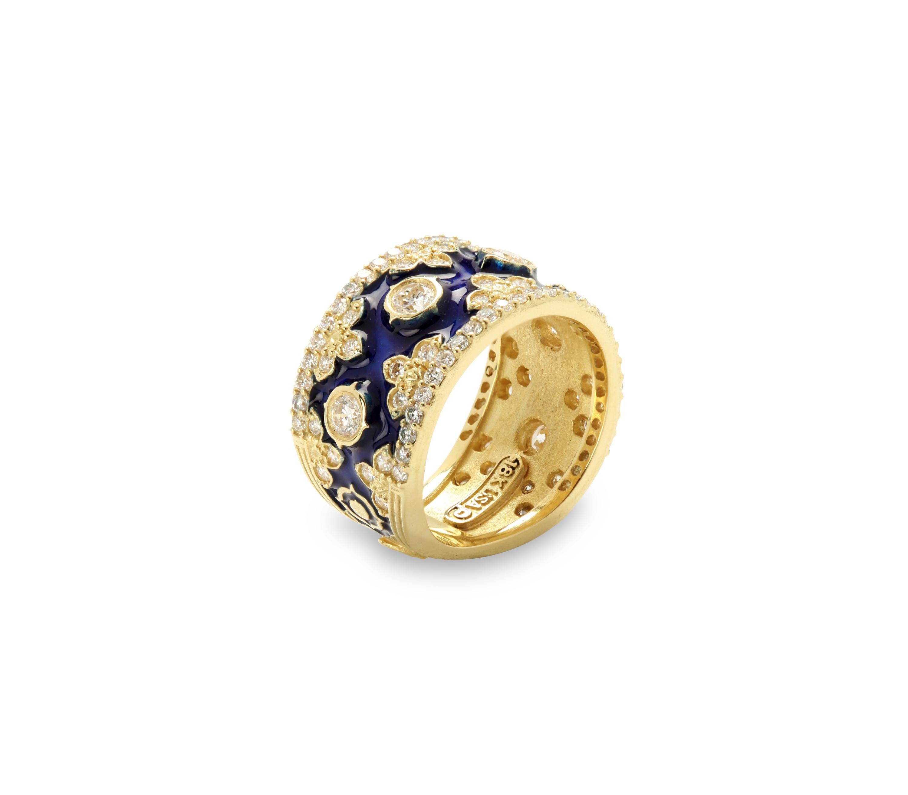 Women's Stambolian Yellow Gold and Diamond Band Ring with Cobalt Blue Enamel