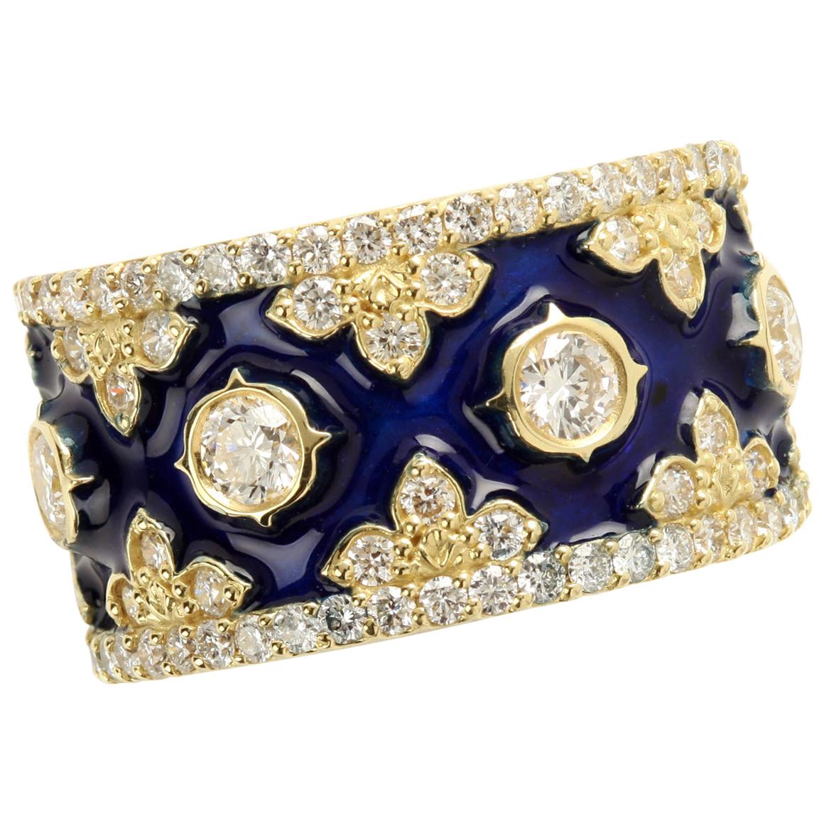 Stambolian Yellow Gold and Diamond Band Ring with Cobalt Blue Enamel