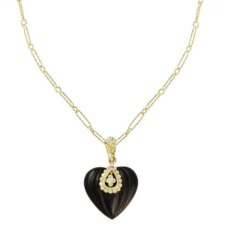 Stambolian Yellow Gold and Diamond Onyx Heart Pendant with Chain Necklace For Sale at 1stDibs