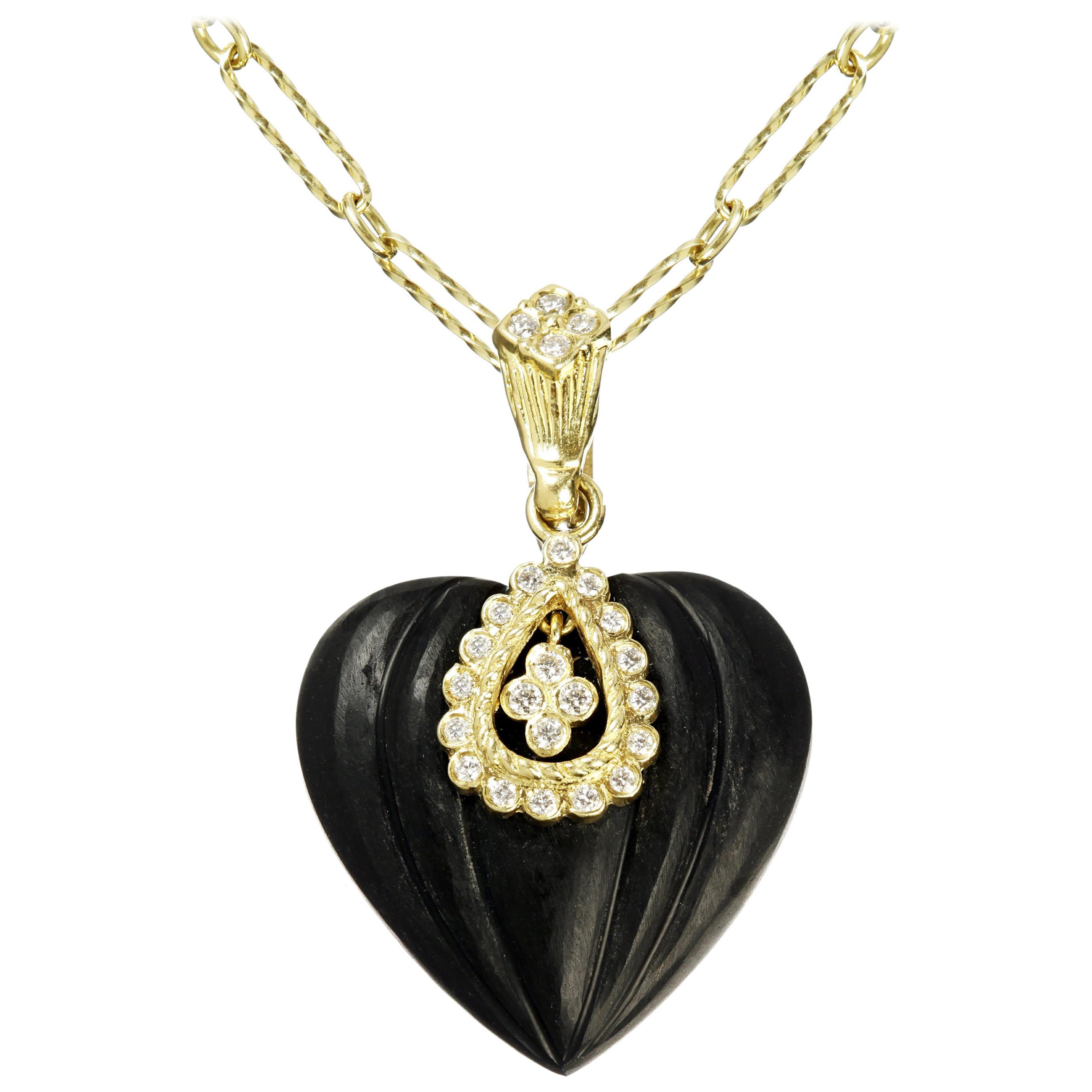 Stambolian Yellow Gold and Diamond Onyx Heart Pendant with Chain Necklace
