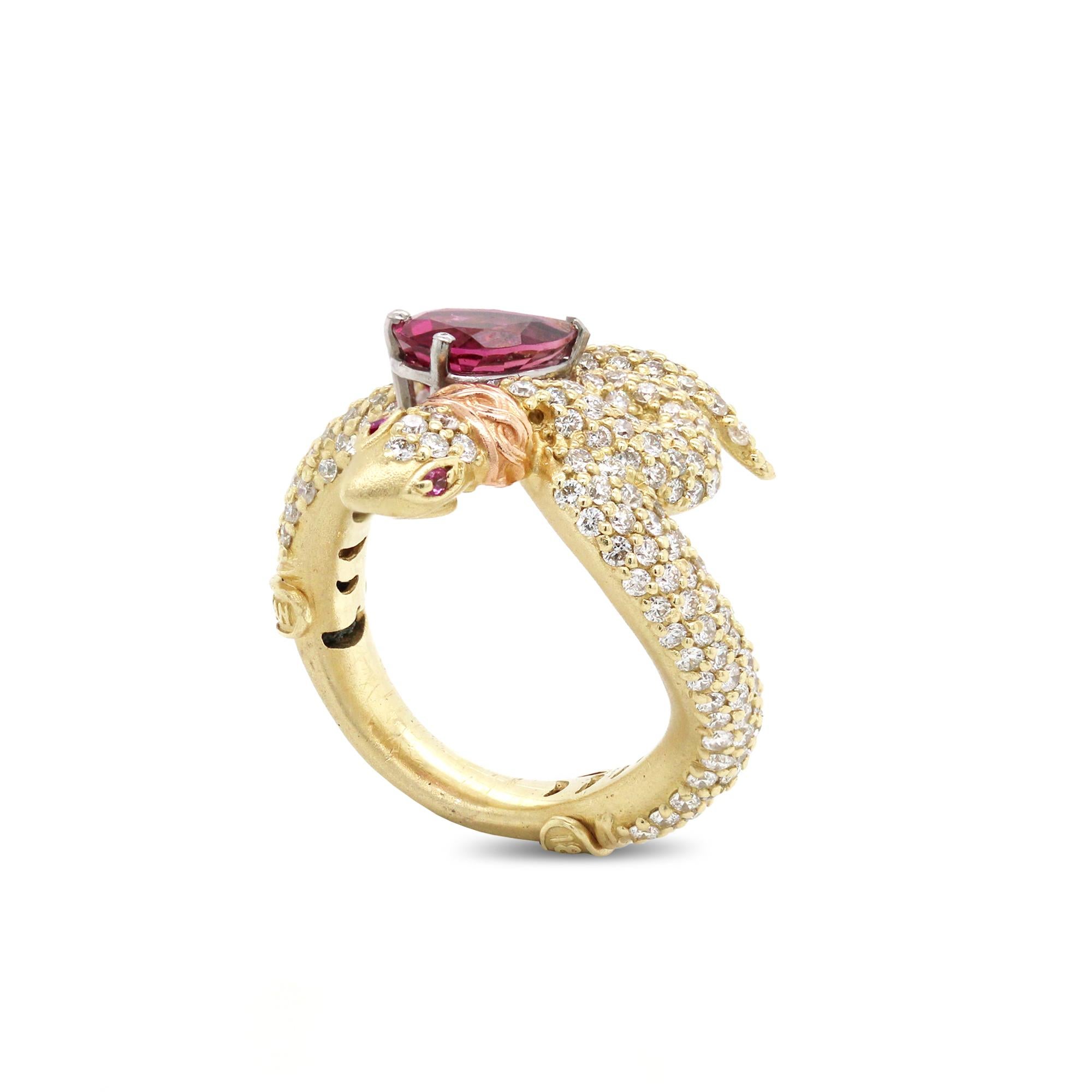 18K Yellow Gold and Diamond Snake Ring with Pear Shape Rubellite Tourmaline and Pink Sapphires by Stambolian

This one-of-a-kind ring by Stambolian is a staple of perfection with beautiful detail and design work. The eyes of the snake have pink