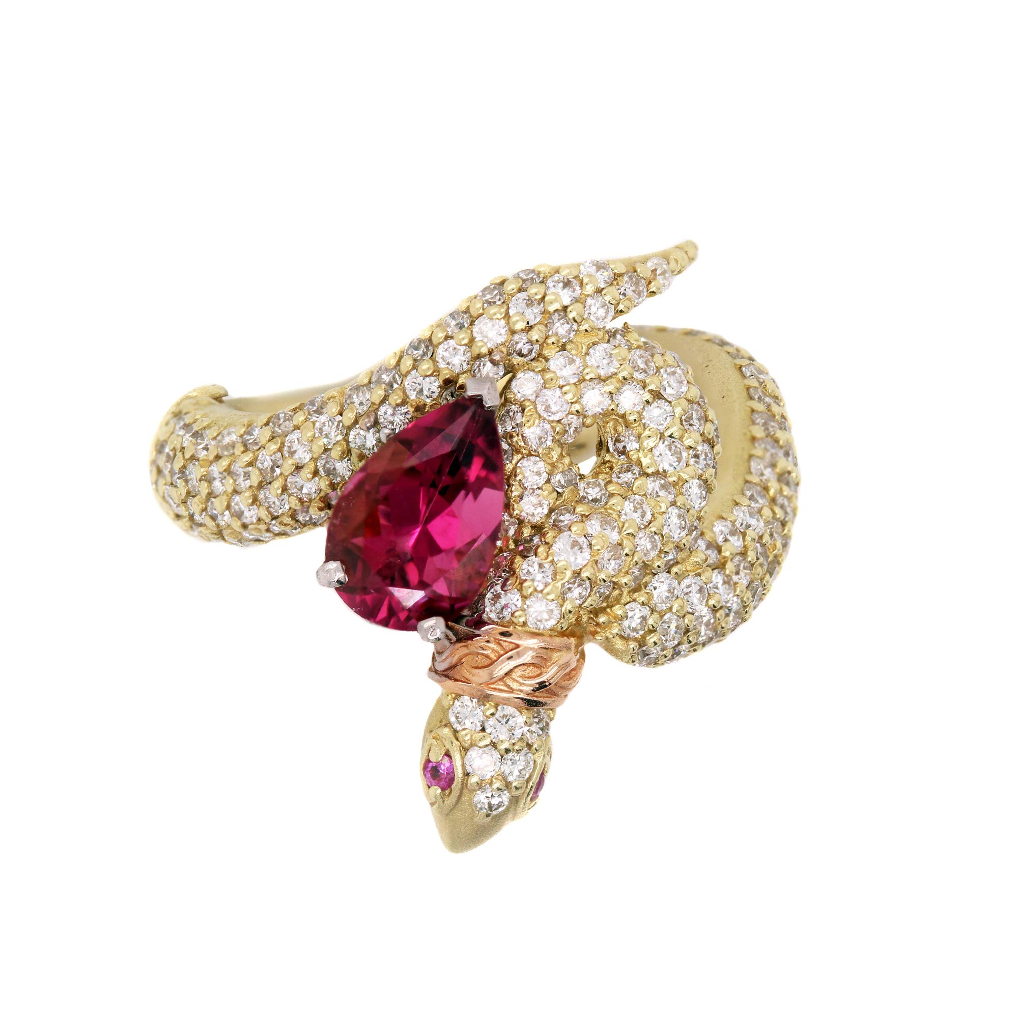 Pear Cut Stambolian Yellow Gold and Diamond Rubellite Tourmaline Pink Sapphire Snake Ring