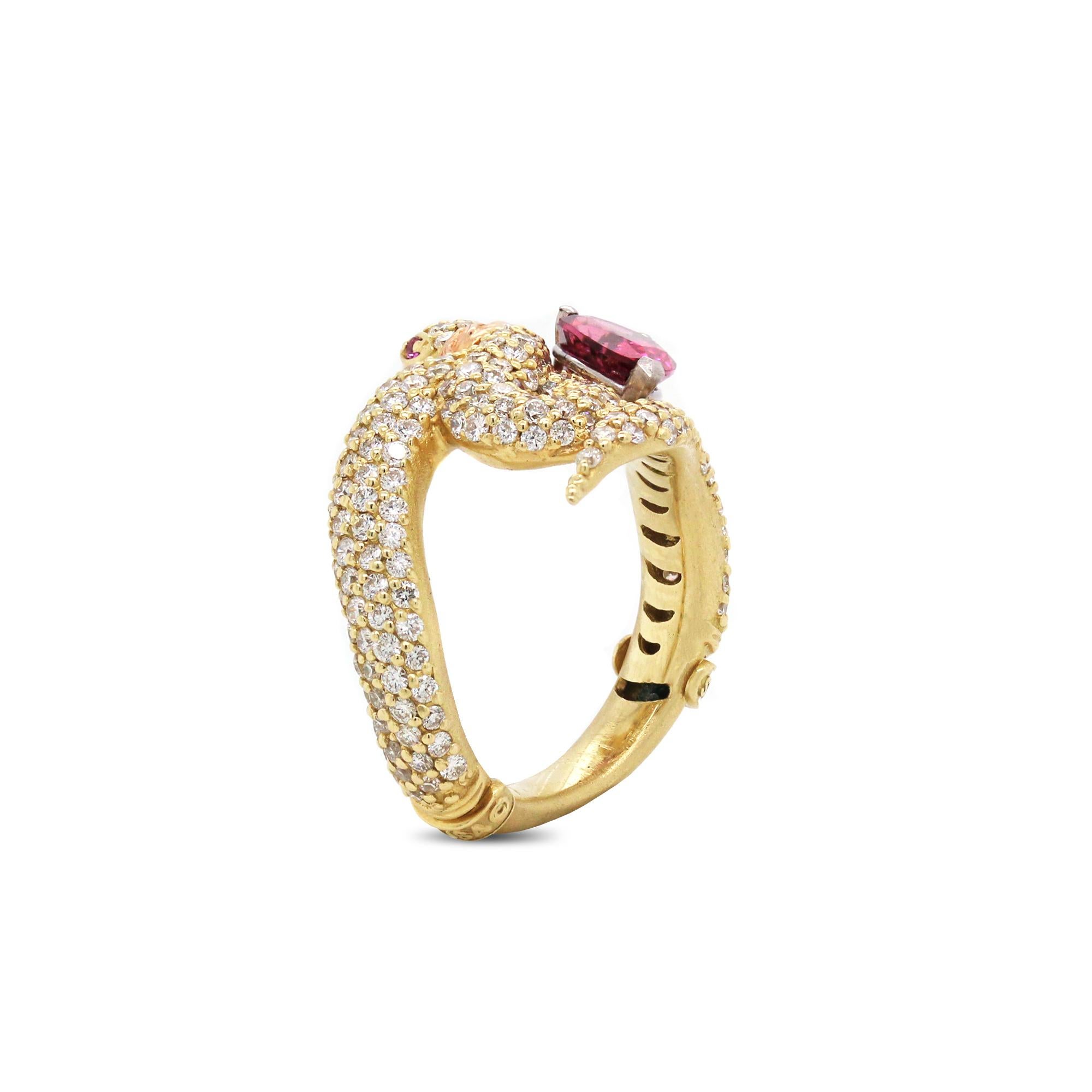 Stambolian Yellow Gold and Diamond Rubellite Tourmaline Pink Sapphire Snake Ring In New Condition In Boca Raton, FL