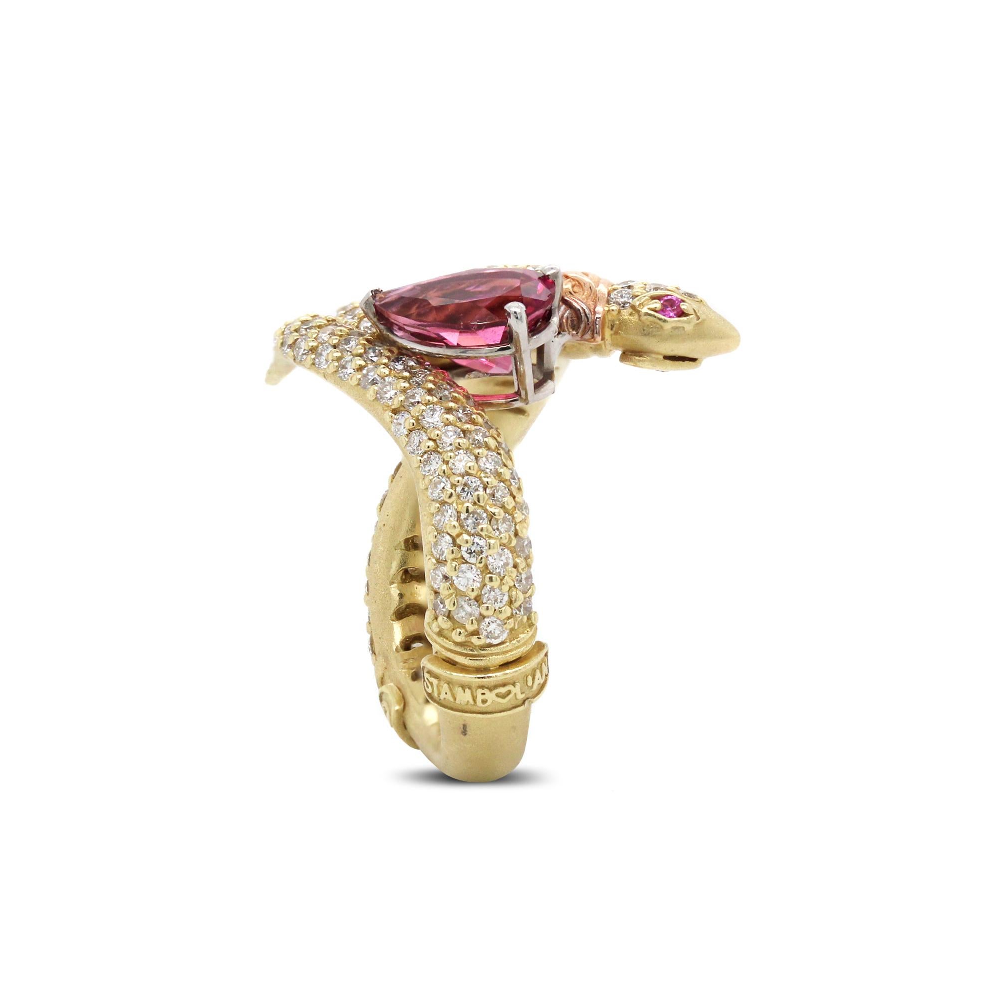 Women's Stambolian Yellow Gold and Diamond Rubellite Tourmaline Pink Sapphire Snake Ring