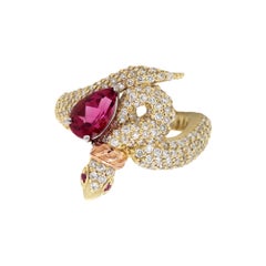 Stambolian Yellow Gold and Diamond Rubellite Tourmaline Pink Sapphire Snake Ring