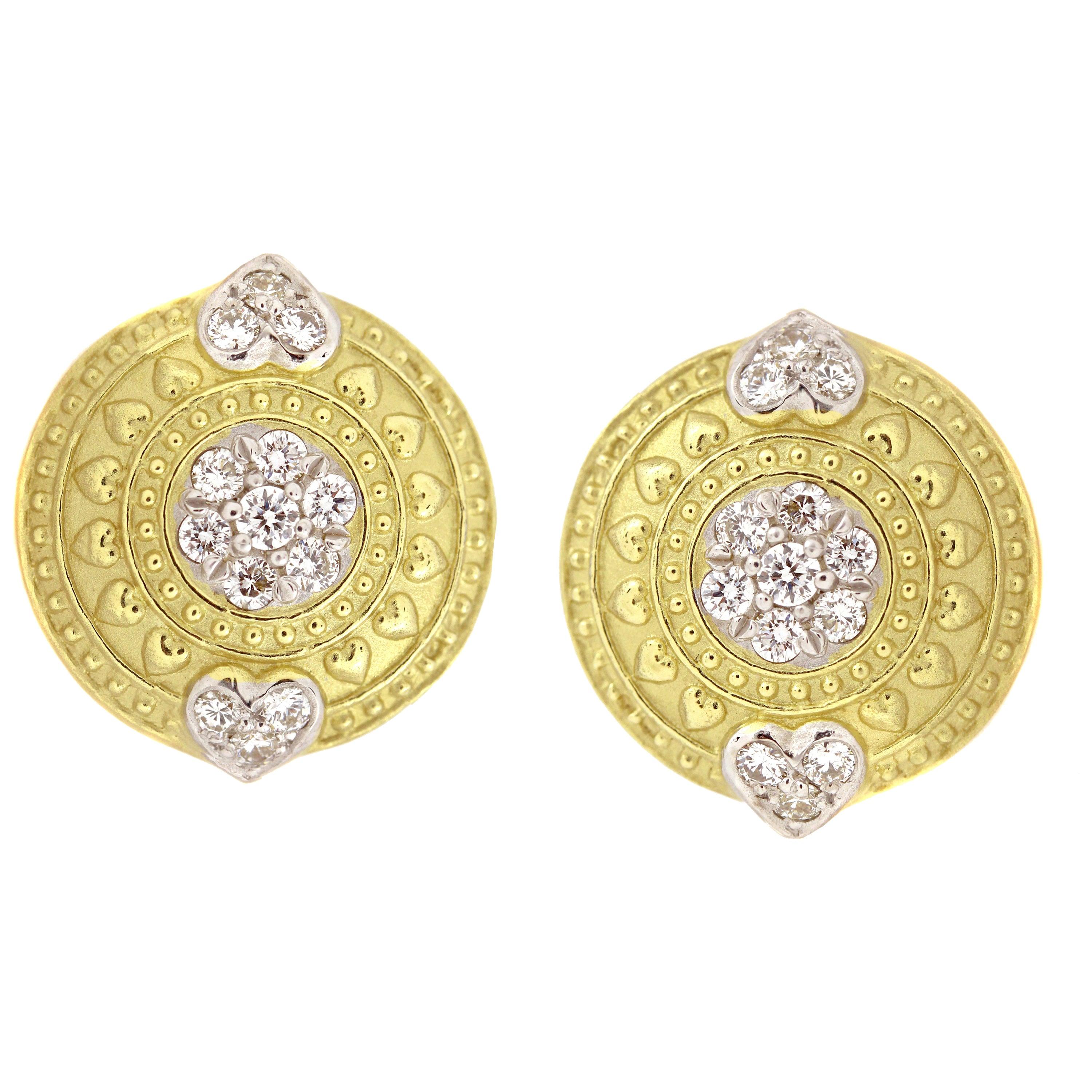 Stambolian 18K Gold and Diamond Circle Earrings with Hearts In New Condition In Boca Raton, FL