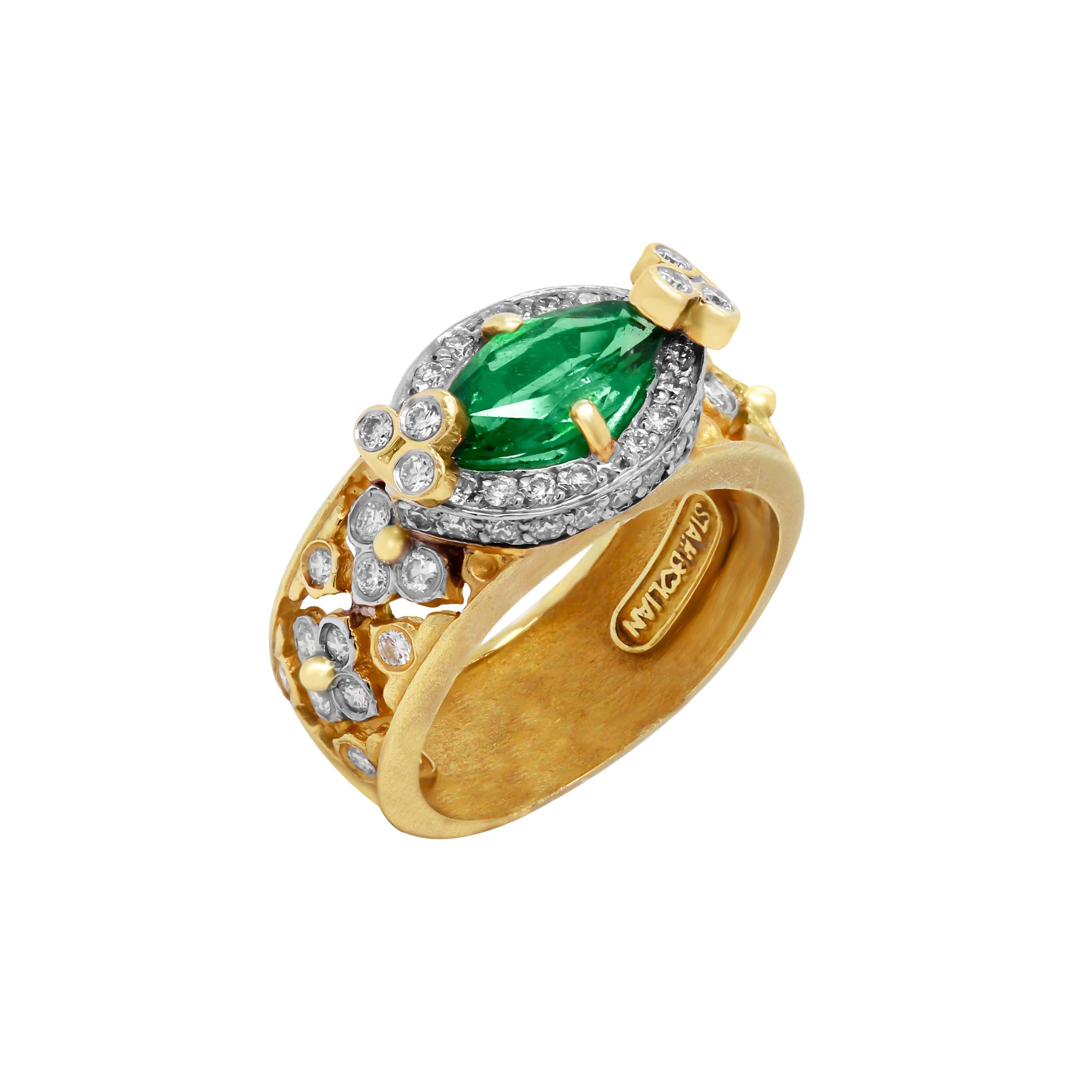 Marquise Cut Stambolian Yellow Gold Diamond Marquise Tsavorite Center Cocktail Ring For Sale