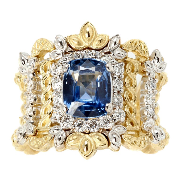 Stambolian Yellow White Gold and Diamond Ring with Blue Sapphire Center ...