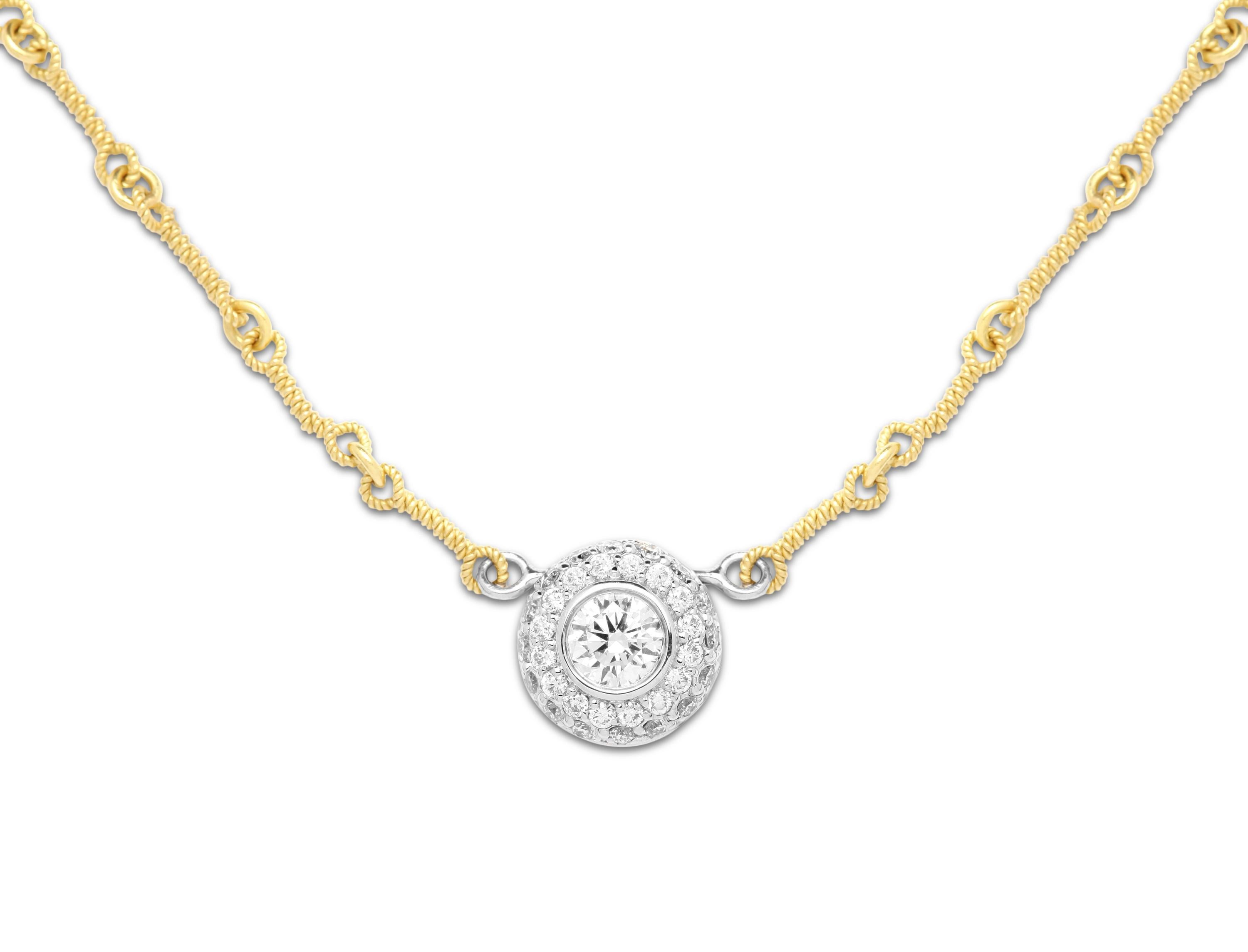 Round Cut Stambolian Yellow White Gold and Diamond Round Pendant with Chain Necklace