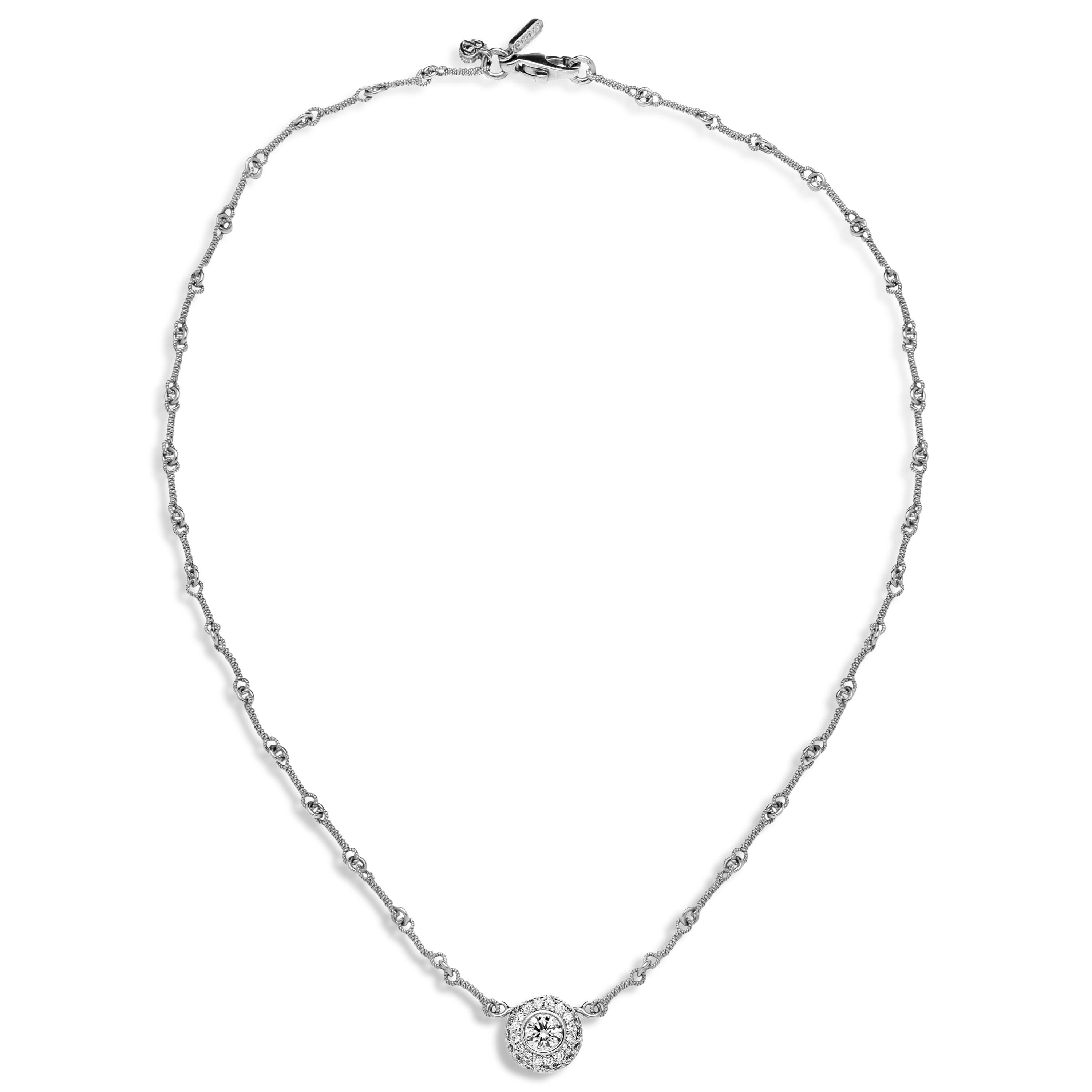 Stambolian 18K White Gold Bezel Set Round Diamond Circle Pendant Necklace

Handmade chain is used which is done entirely by gold twisted wires all put together one-by-one

0.40 carat G color, VS clarity diamond center surrounded by 0.67 carat.
