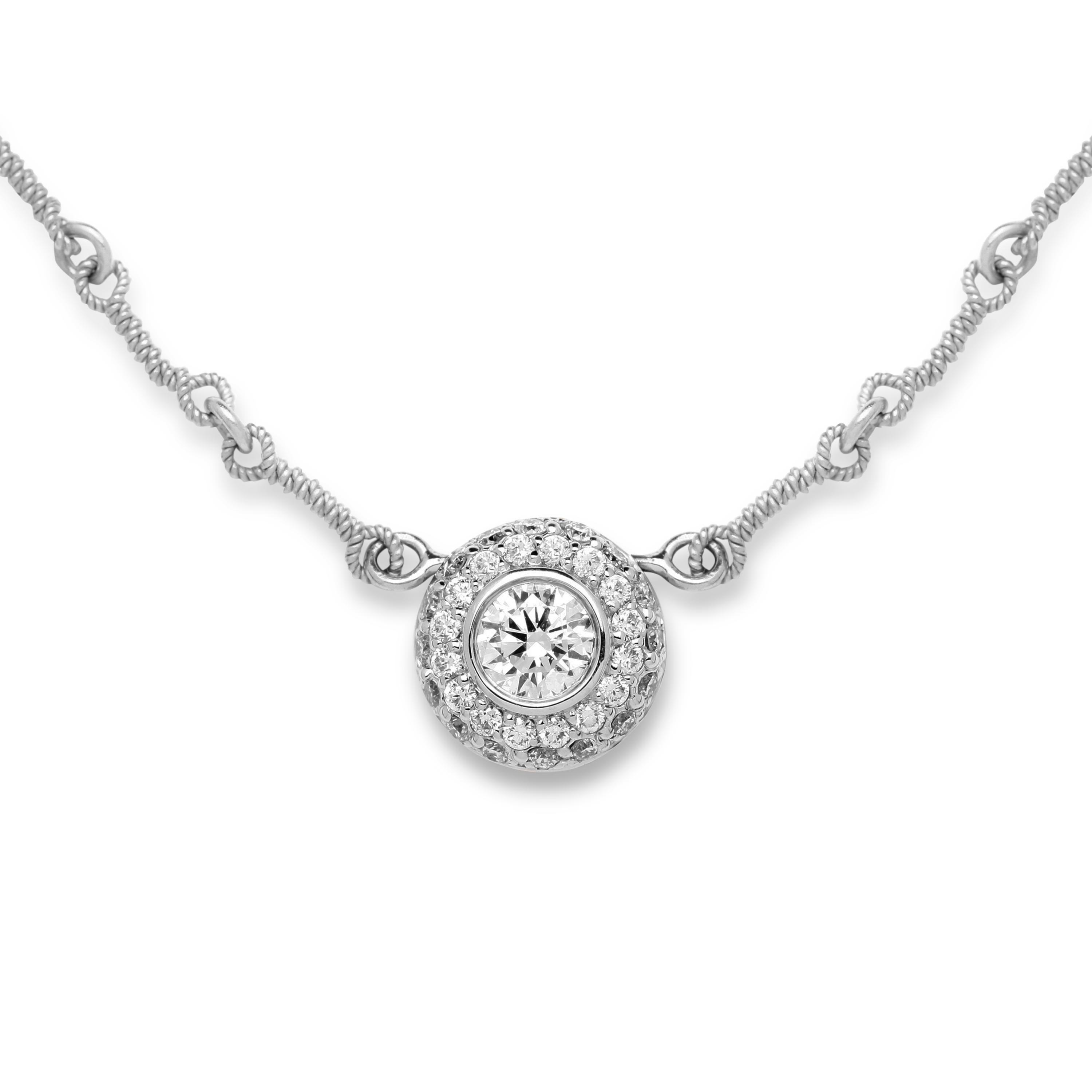 Modern Stambolian 18K White Gold Bezel Set Round Diamond Circle Pendant Necklace For Sale