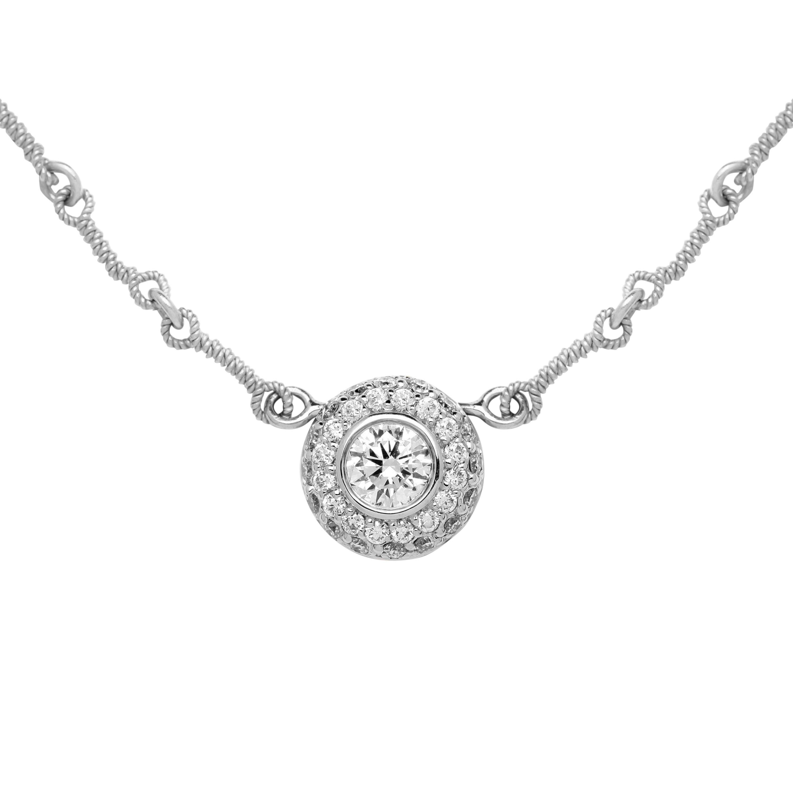 Round Cut Stambolian 18K White Gold Bezel Set Round Diamond Circle Pendant Necklace For Sale