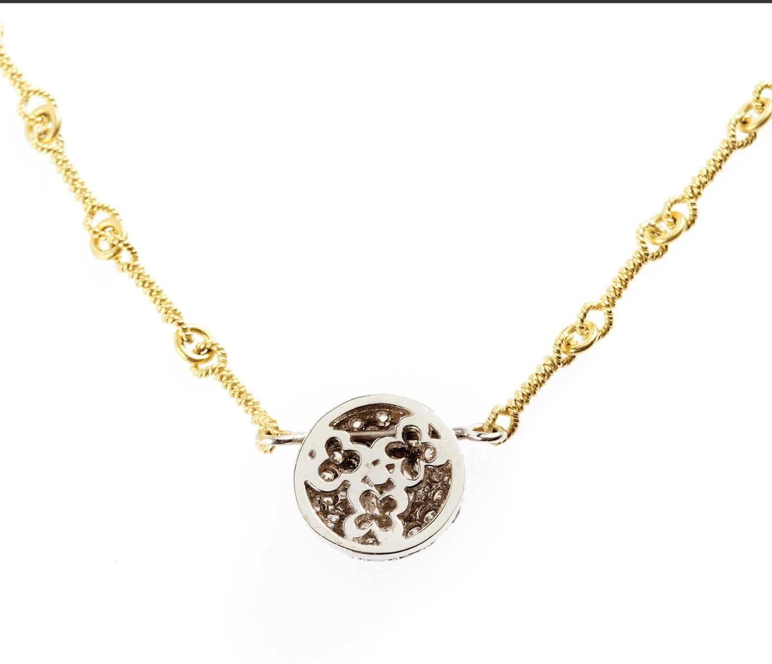 IF YOU ARE REALLY INTERESTED, CONTACT US WITH ANY REASONABLE OFFER. WE WILL TRY OUR BEST TO MAKE YOU HAPPY!

18K Yellow White Two-Tone Gold and Diamond Round Pendant Chain Necklace

Handmade chain is used which is done entirely by gold twisted wires