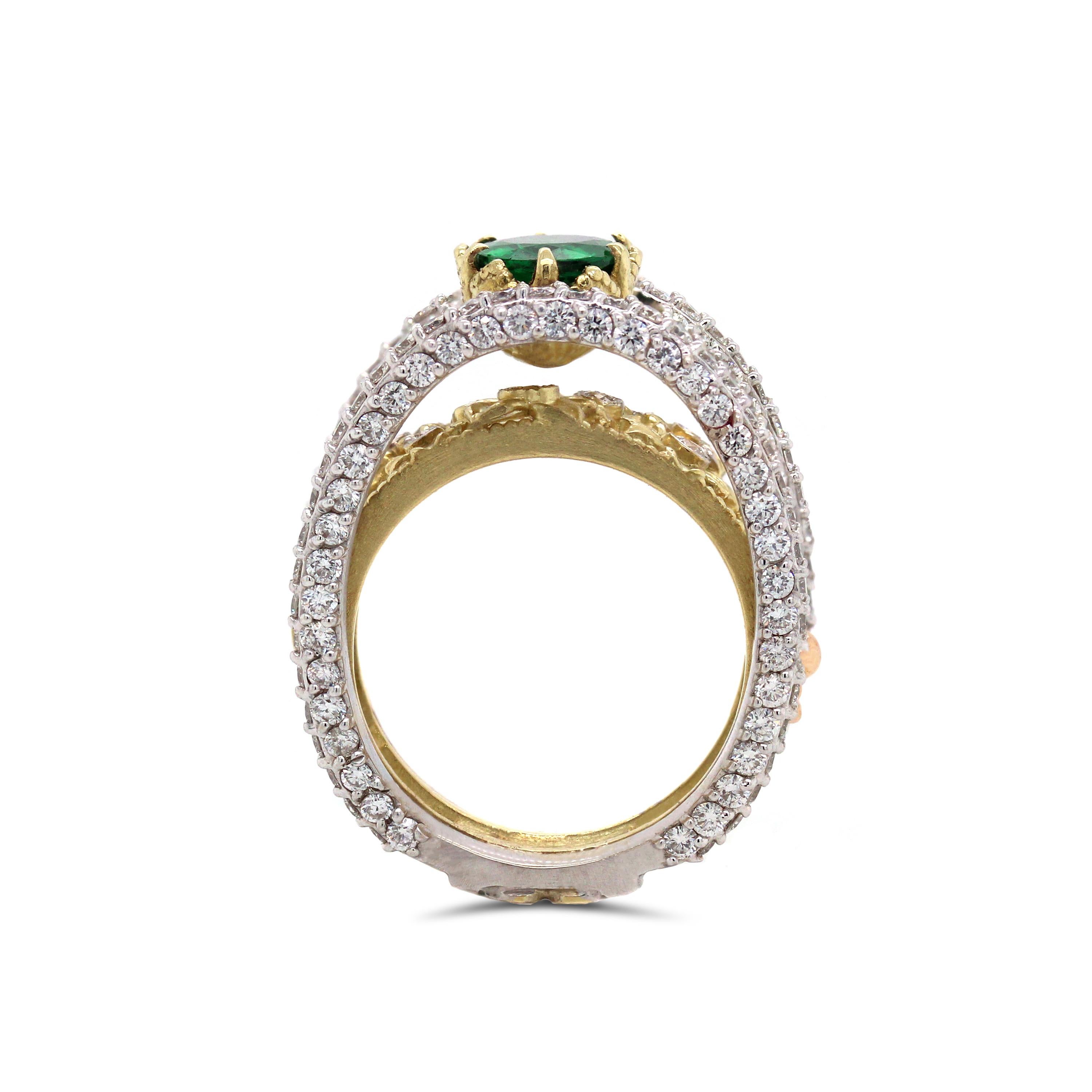 Oval Cut Stambolian Yellow White Rose Gold and Diamond Floral Ring with Tsavorite Center