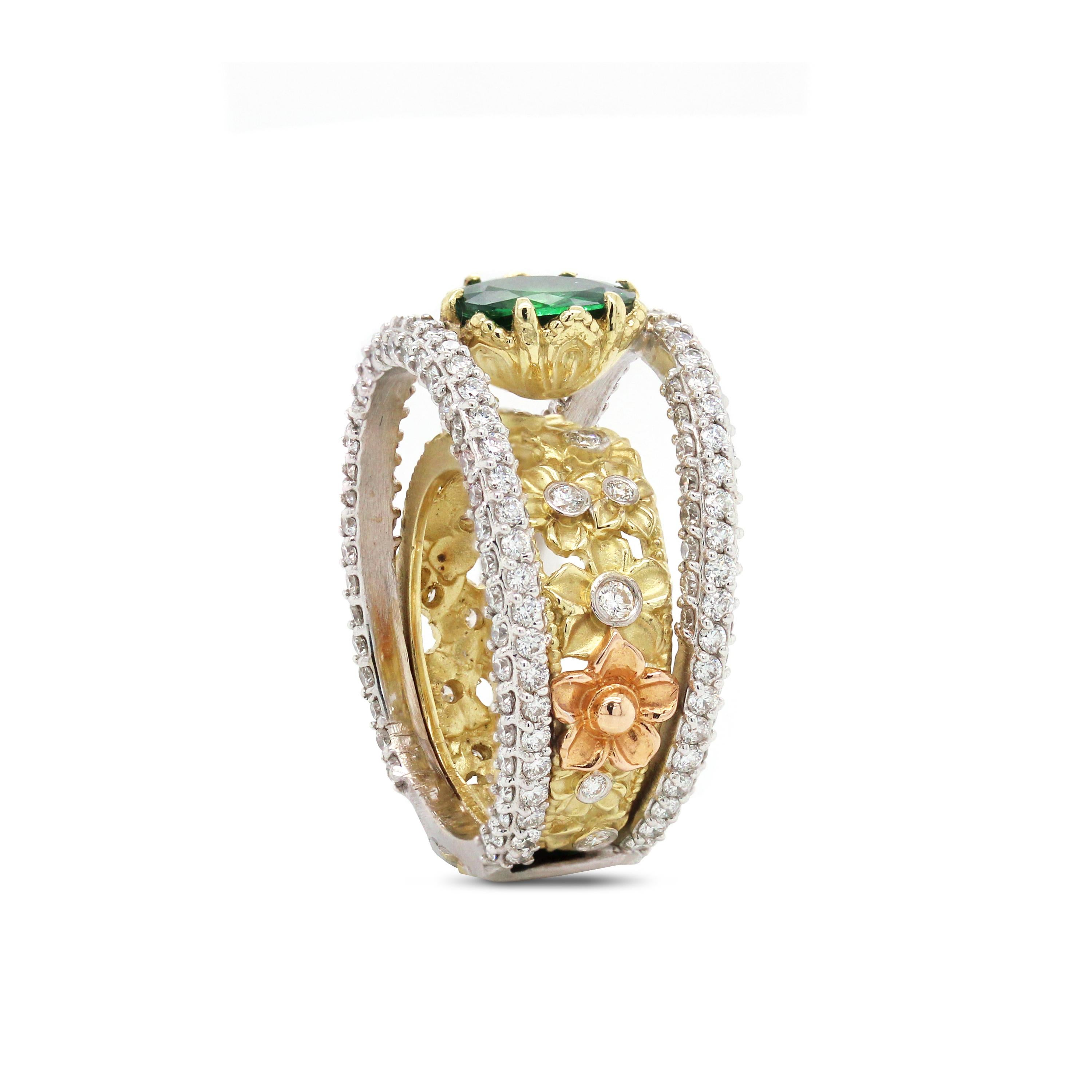 Stambolian Yellow White Rose Gold and Diamond Floral Ring with Tsavorite Center In New Condition In Boca Raton, FL