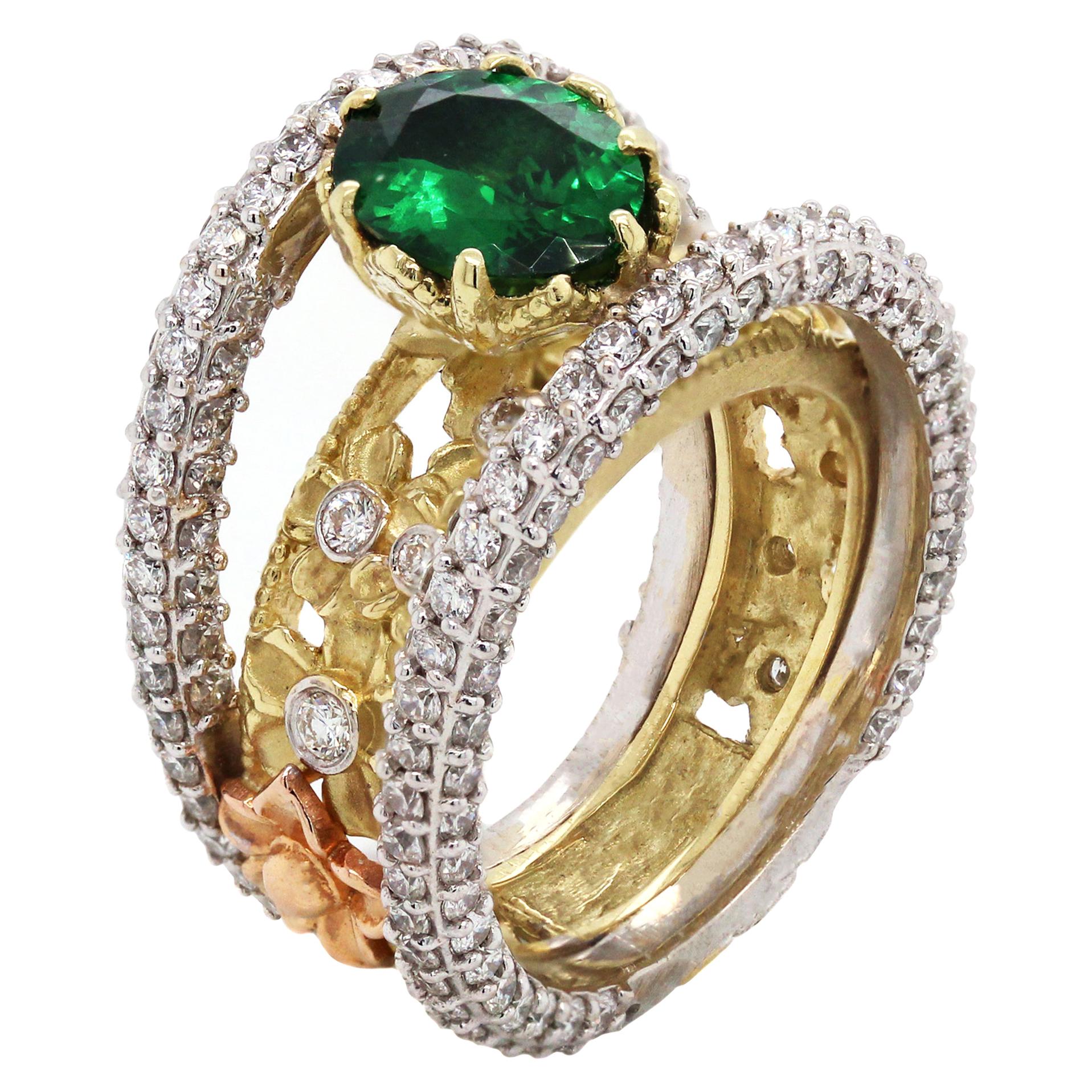 Stambolian Yellow White Rose Gold and Diamond Floral Ring with Tsavorite Center