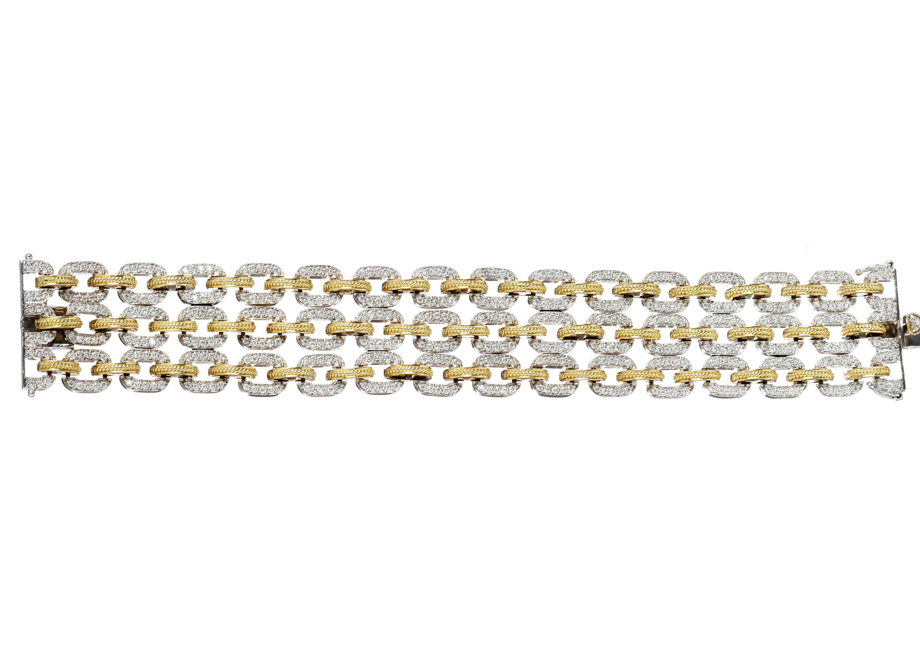 Round Cut Stambolian 18 Karat Yellow White Two-Tone Gold and Diamond Three Link Bracelet