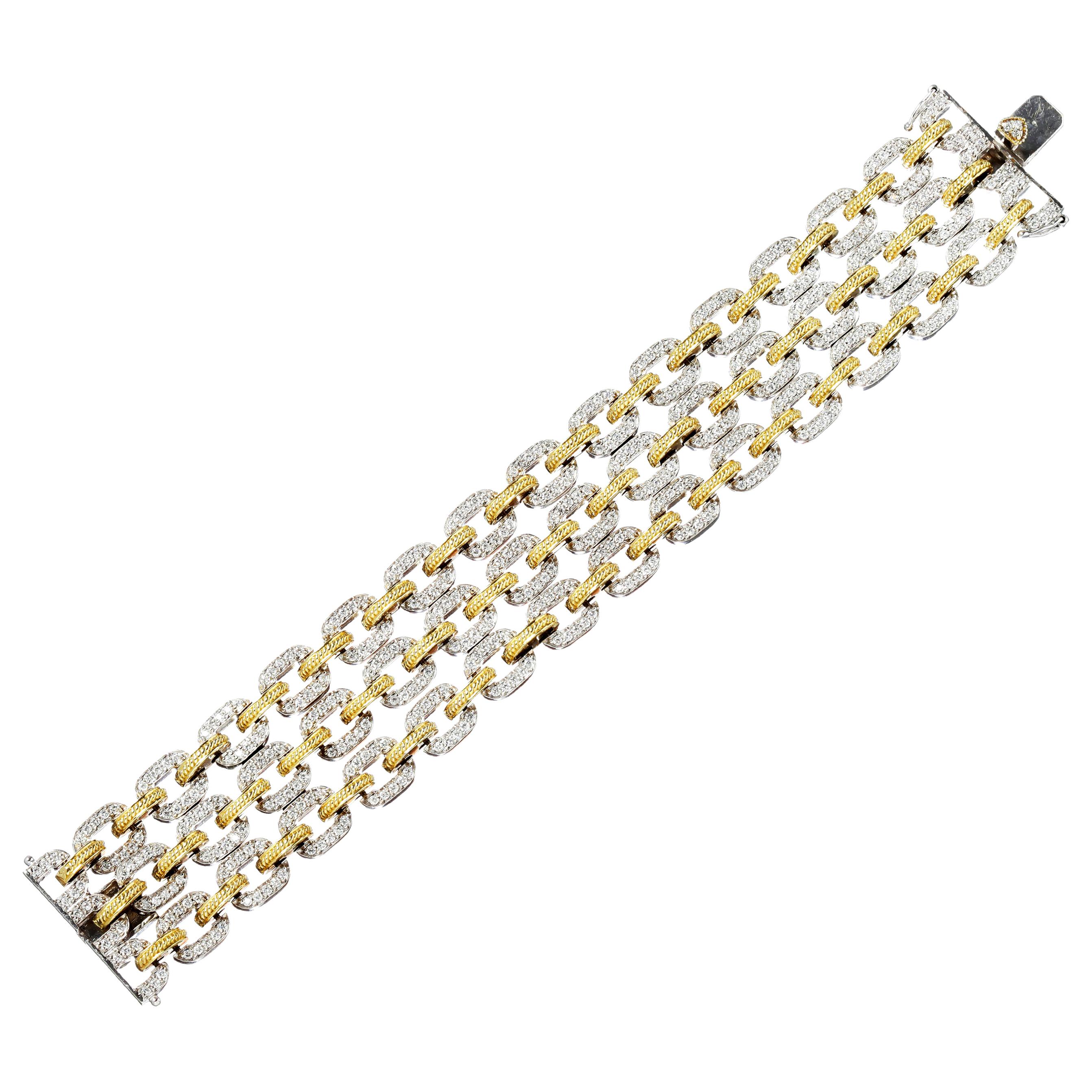 Stambolian 18 Karat Yellow White Two-Tone Gold and Diamond Three Link Bracelet