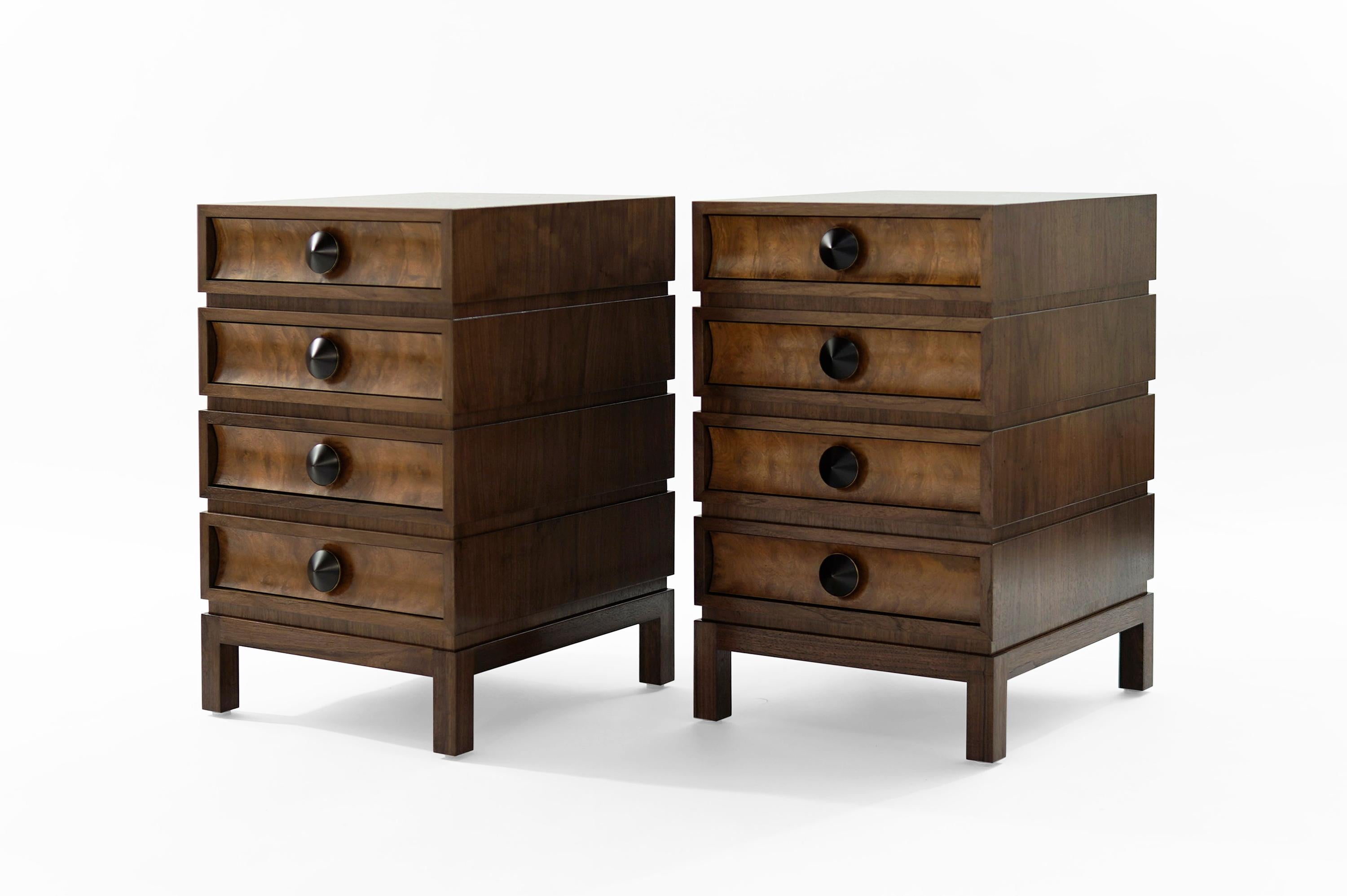 Inspired by the iconic designer Paul Frankl, these rustic modern dressers blend timeless elegance with contemporary flair. The oversized drawer frames and subtly curved fronts create a playful asymmetry, while notched sides add a unique touch,