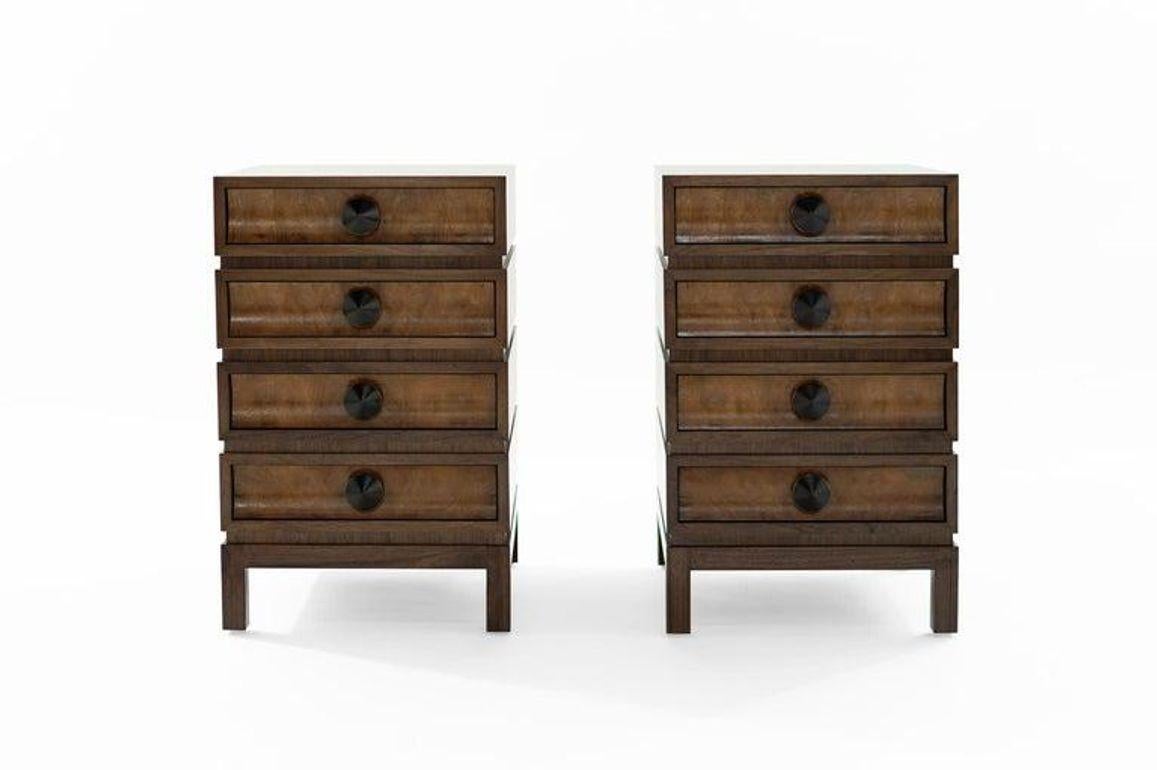 American Stacked Bedside Tables in Special Walnut with Burl Wood For Sale