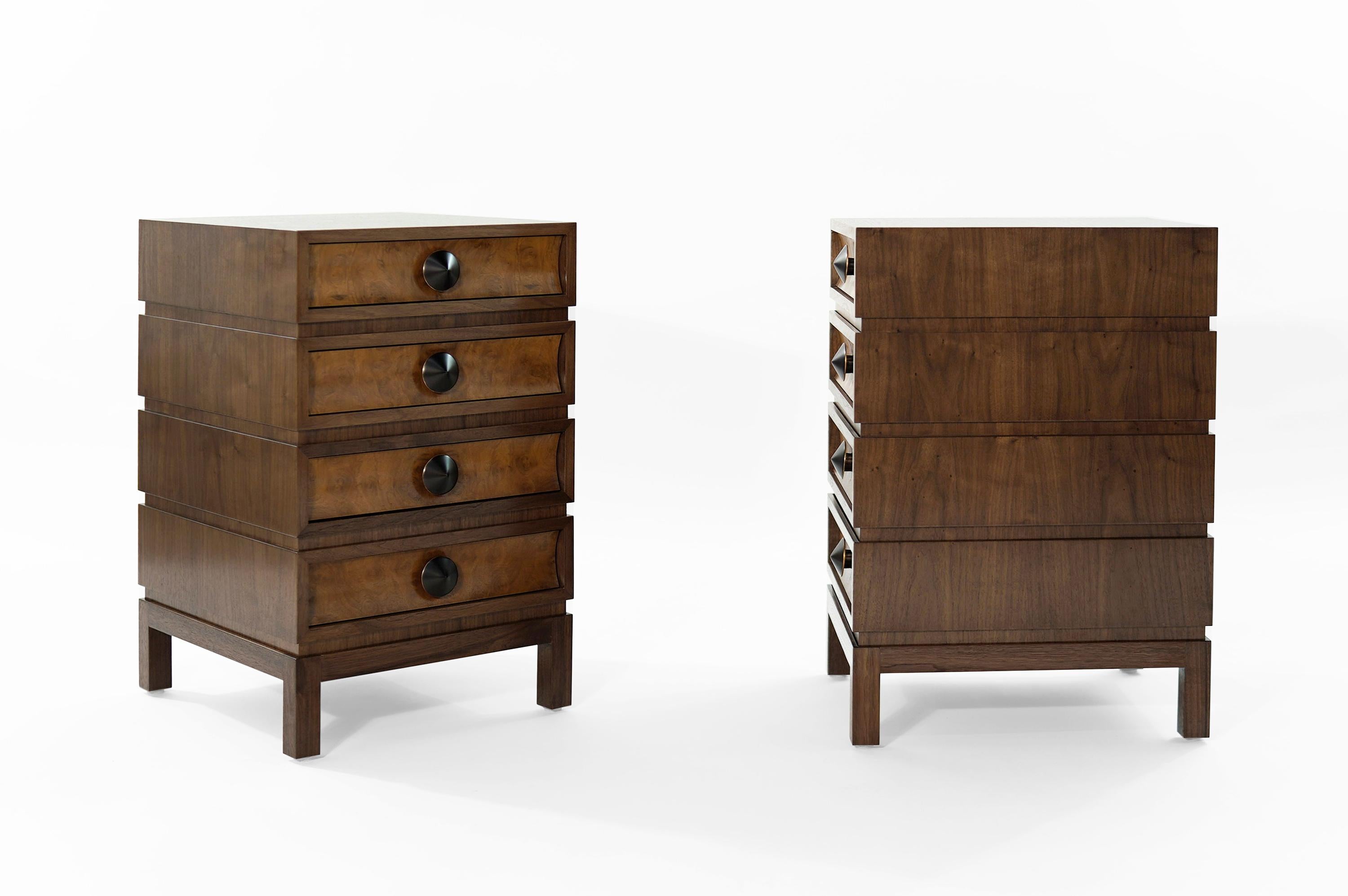 Mid-Century Modern Stacked Bedside Tables in Special Walnut with Burl Wood For Sale