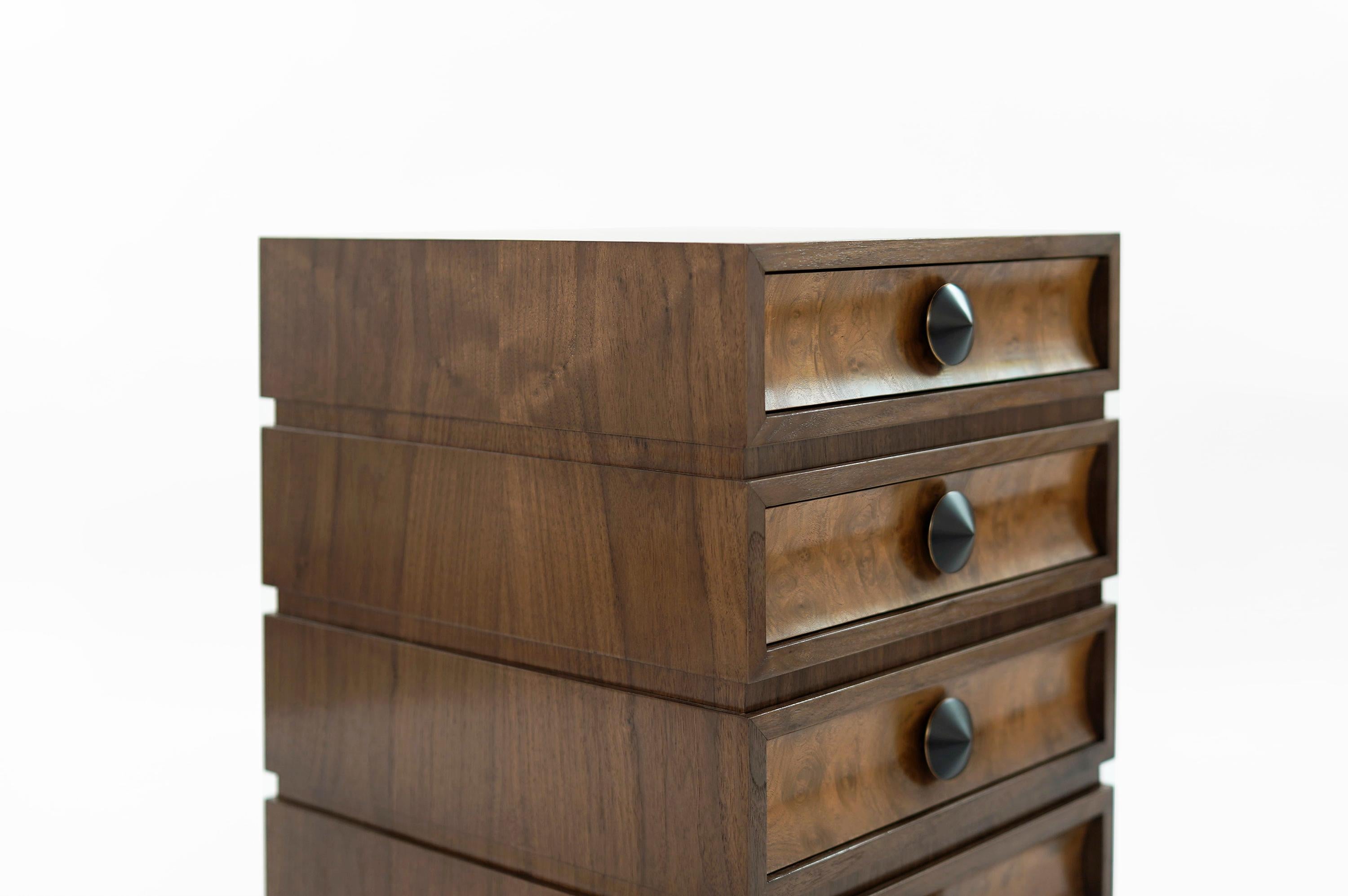 Contemporary Stacked Bedside Tables in Special Walnut with Burl Wood For Sale