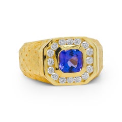 Stamnbolian 18K Gold Diamond Princess Cut Tanzanite Satin Finish Mens Ring