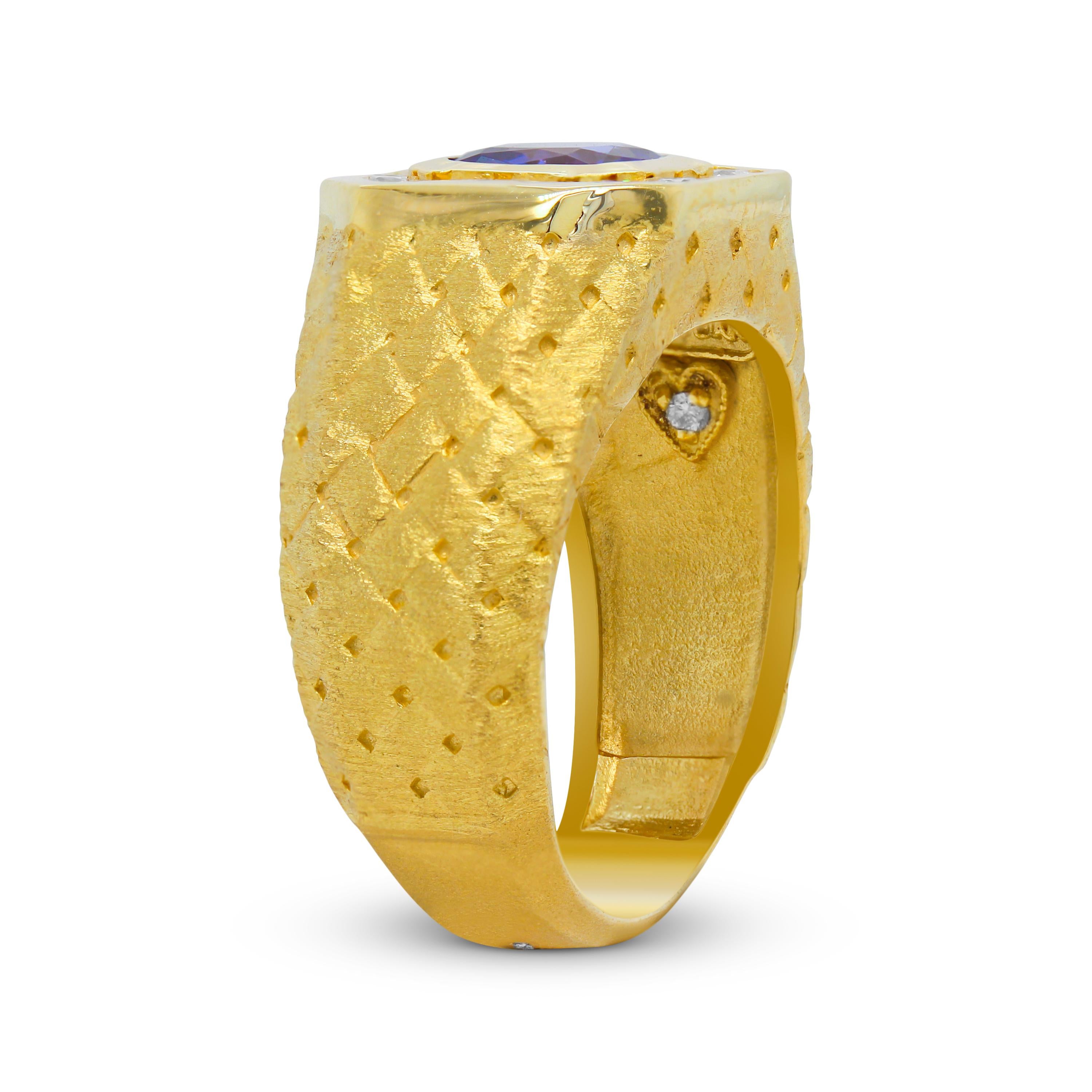 Stamnbolian 18K Gold Diamond Princess Cut Tanzanite Satin Finish Mens Ring In New Condition For Sale In Boca Raton, FL