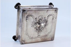 Stamp box in embossed silver w/ wooden interior & five compartments, hinged lid